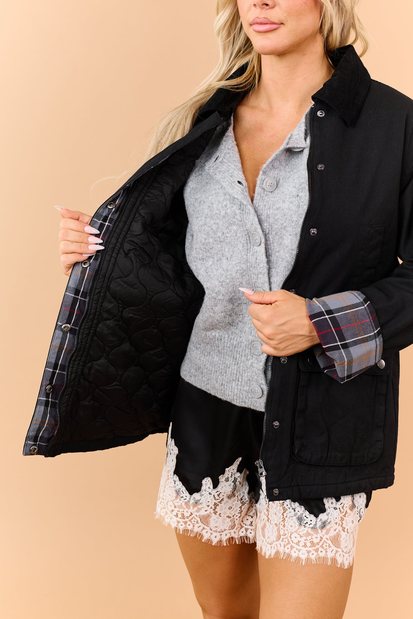 Black Corduroy Plaid Contrast Zip Up Utility Jacket