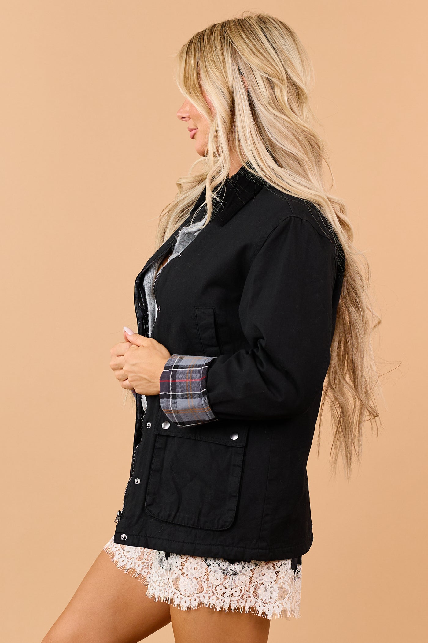 Black Corduroy Plaid Contrast Zip Up Utility Jacket