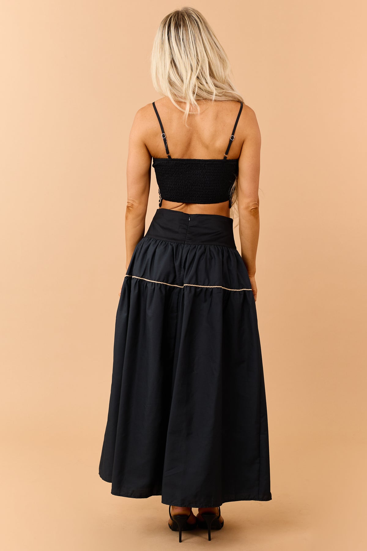 Black Cotton Contrast Detail Tank Top and Skirt Set