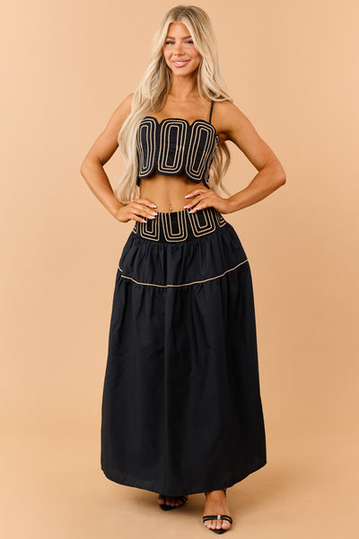 Black Cotton Contrast Detail Tank Top and Skirt Set