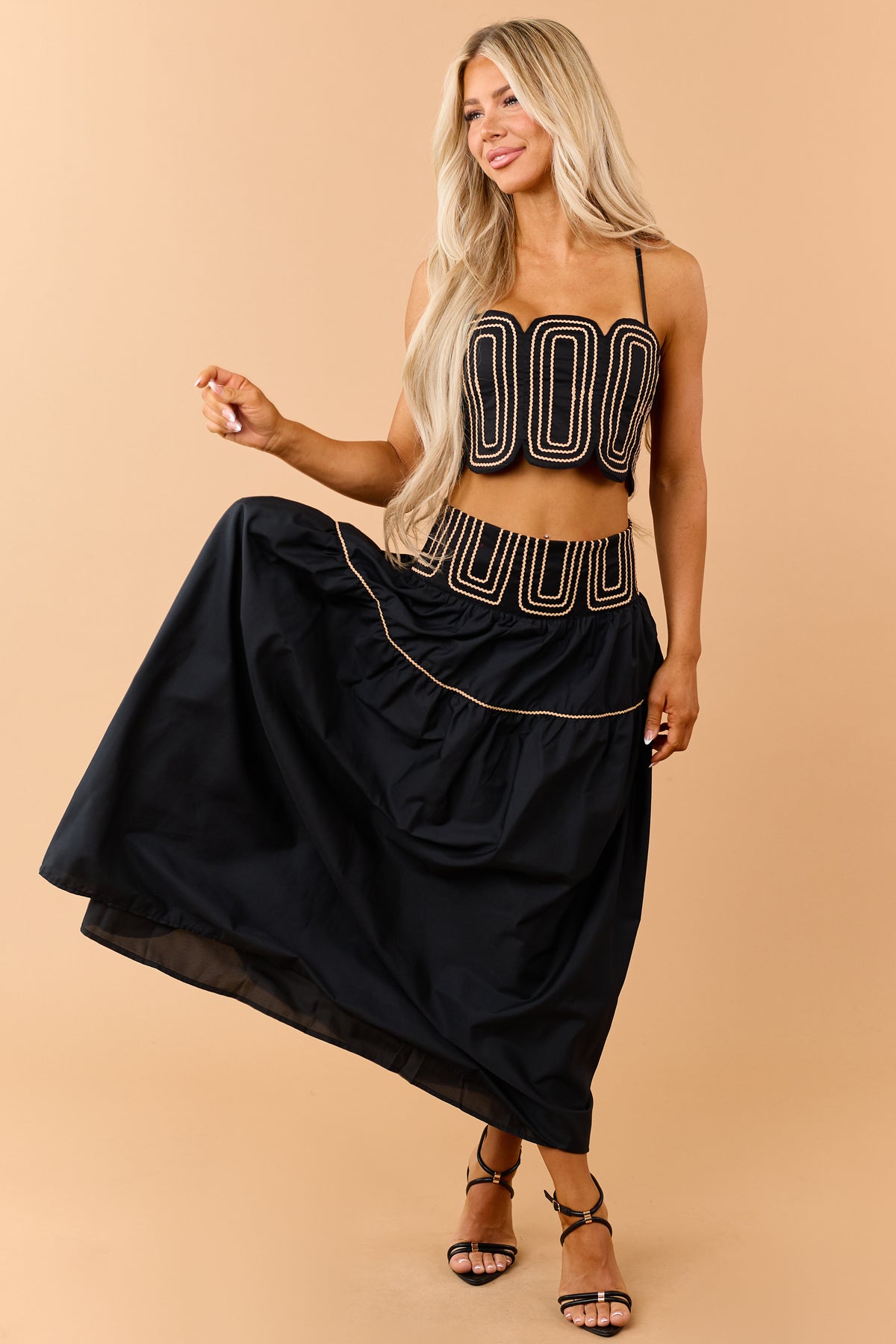 Black Cotton Contrast Detail Tank Top and Skirt Set