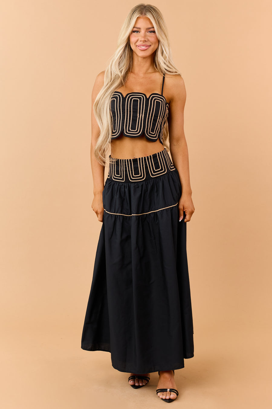 Black Cotton Contrast Detail Tank Top and Skirt Set
