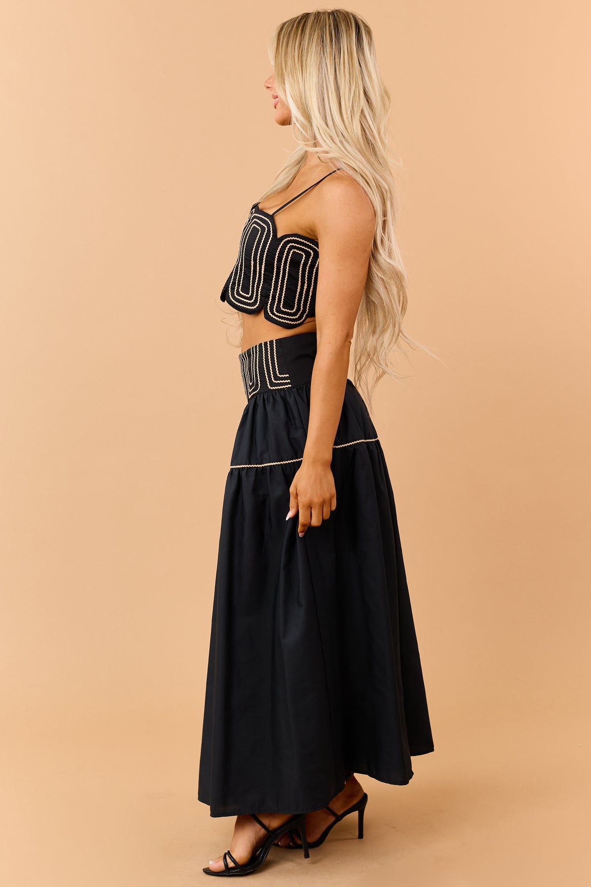 Black Cotton Contrast Detail Tank Top and Skirt Set
