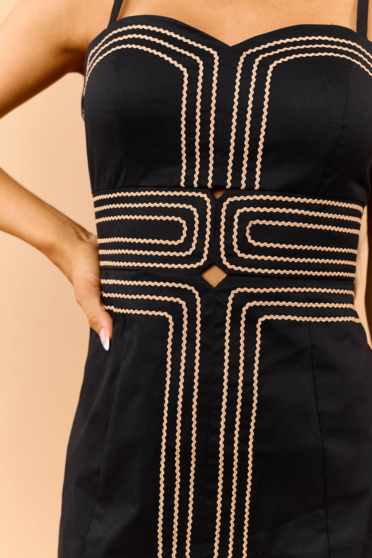 Black Cotton Contrast Rick Rack Detail Mini Dress