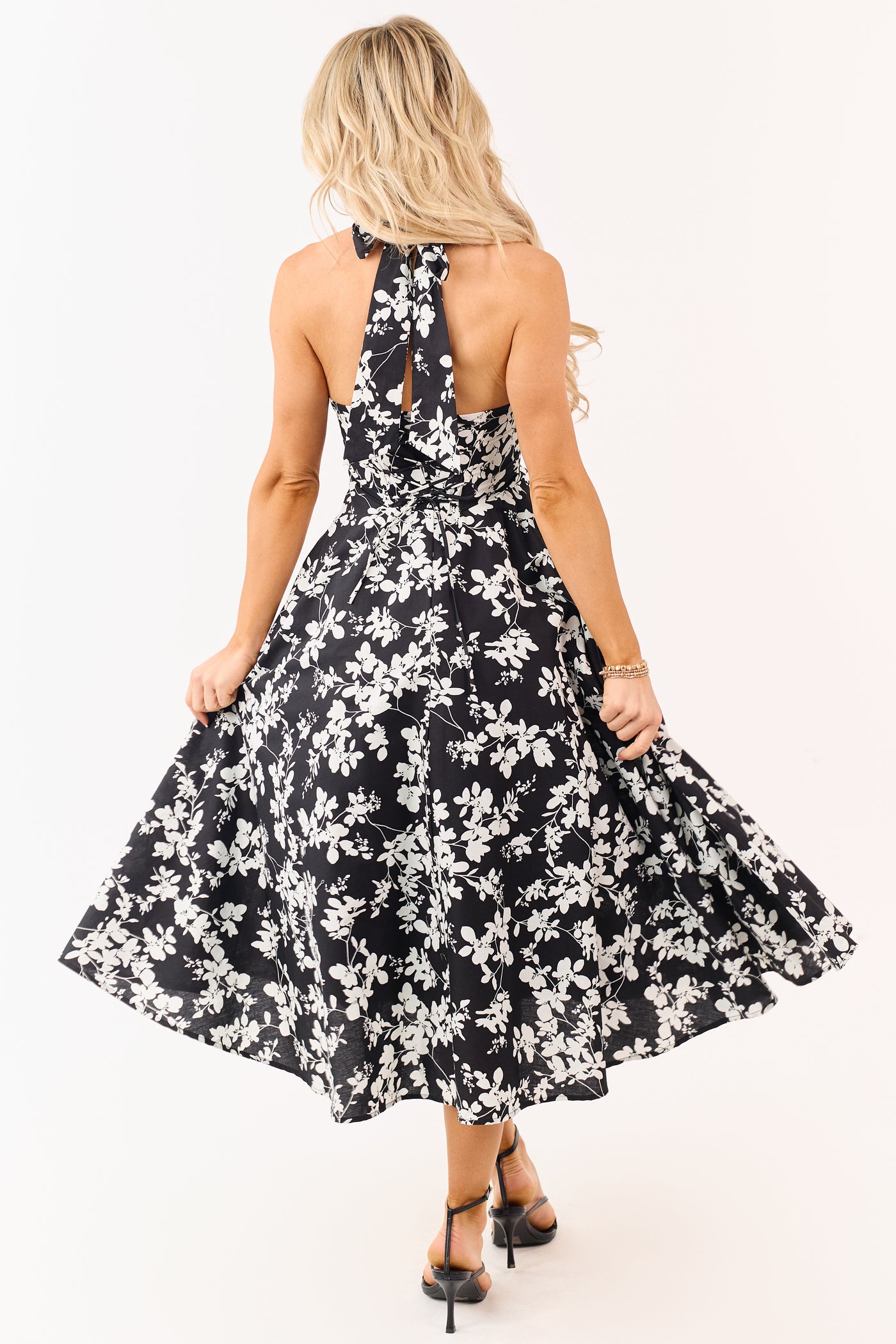 Black Cotton Floral Print Halter Neck Midi Dress