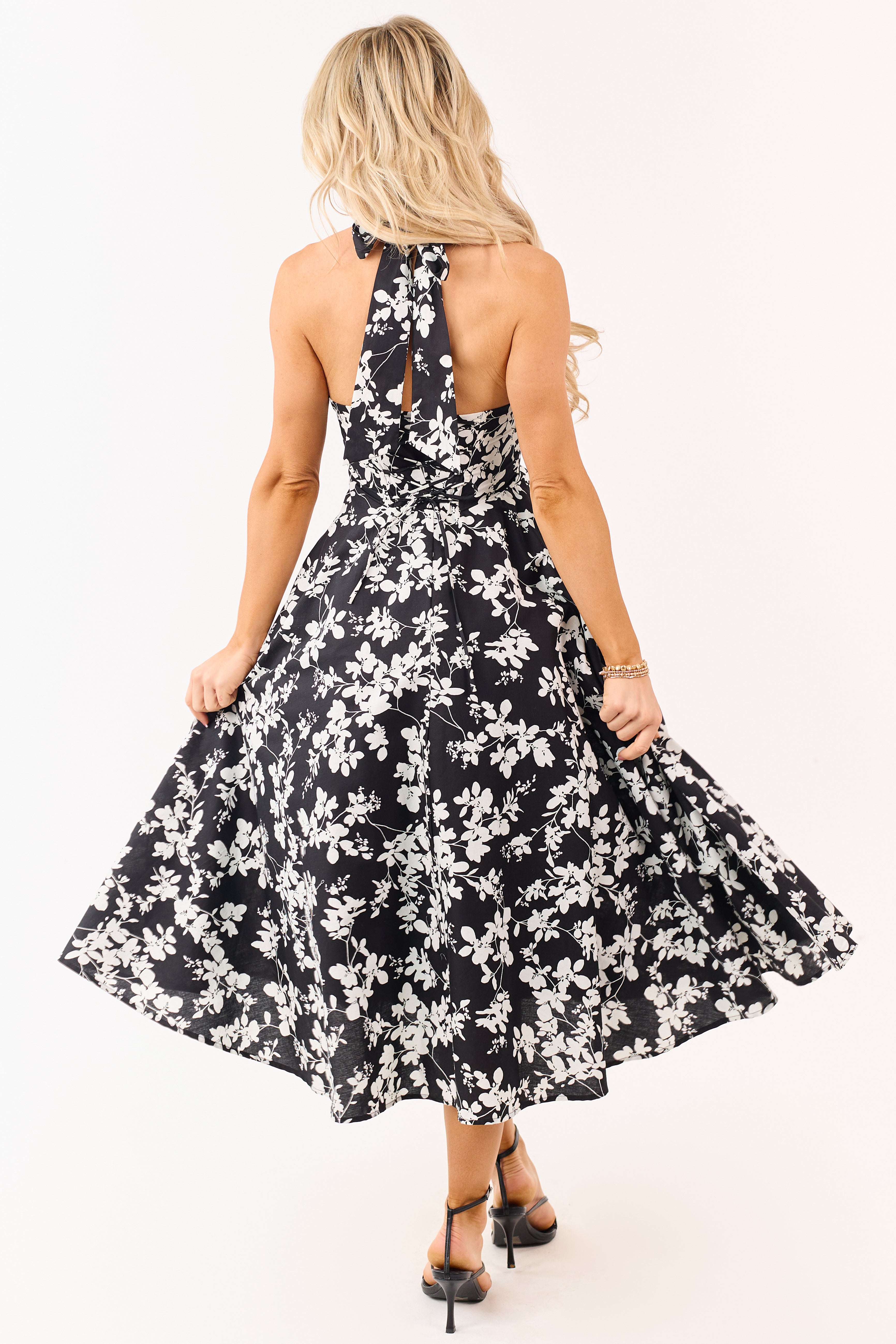 Black Cotton Floral Print Halter Neck Midi Dress