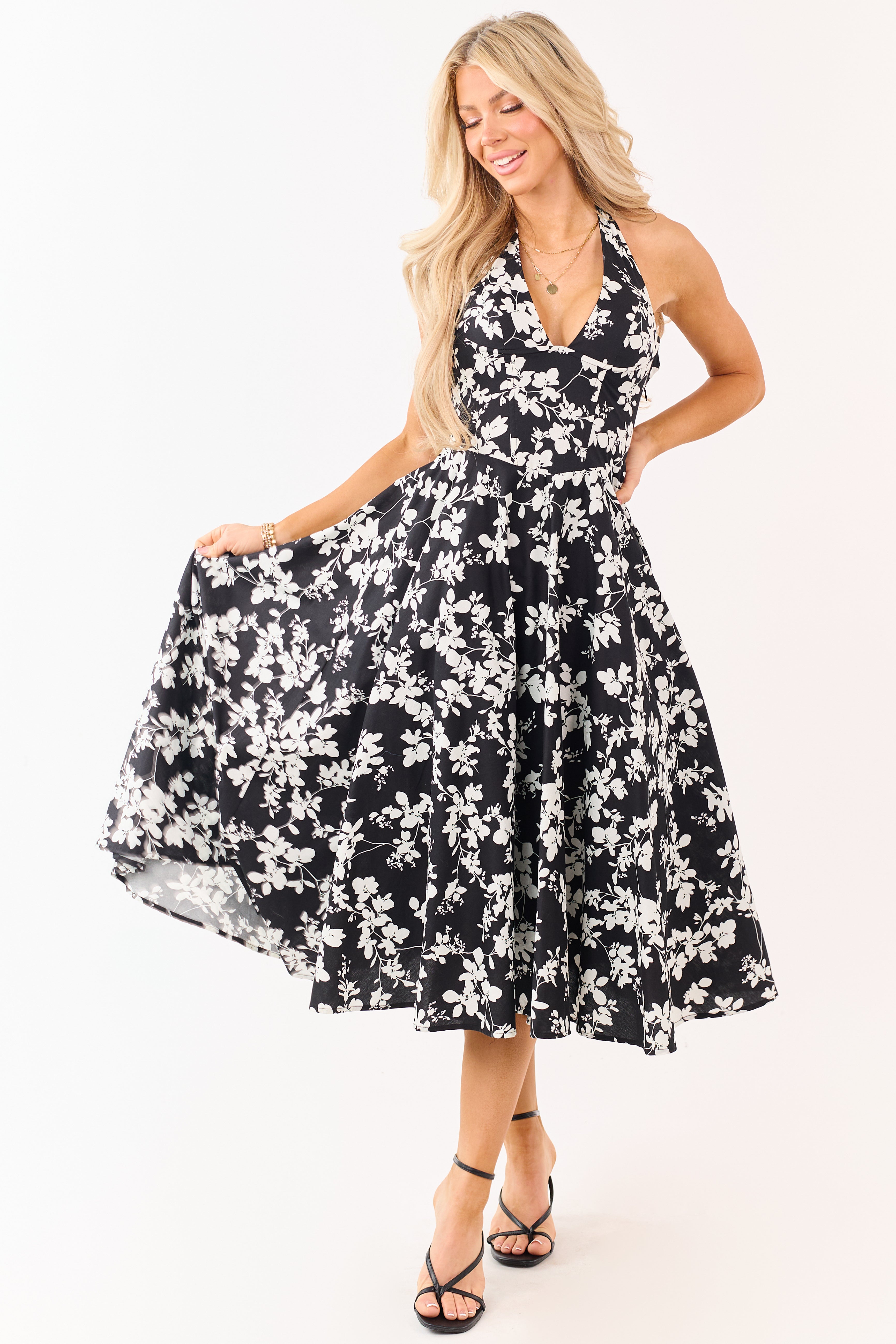 Black Cotton Floral Print Halter Neck Midi Dress
