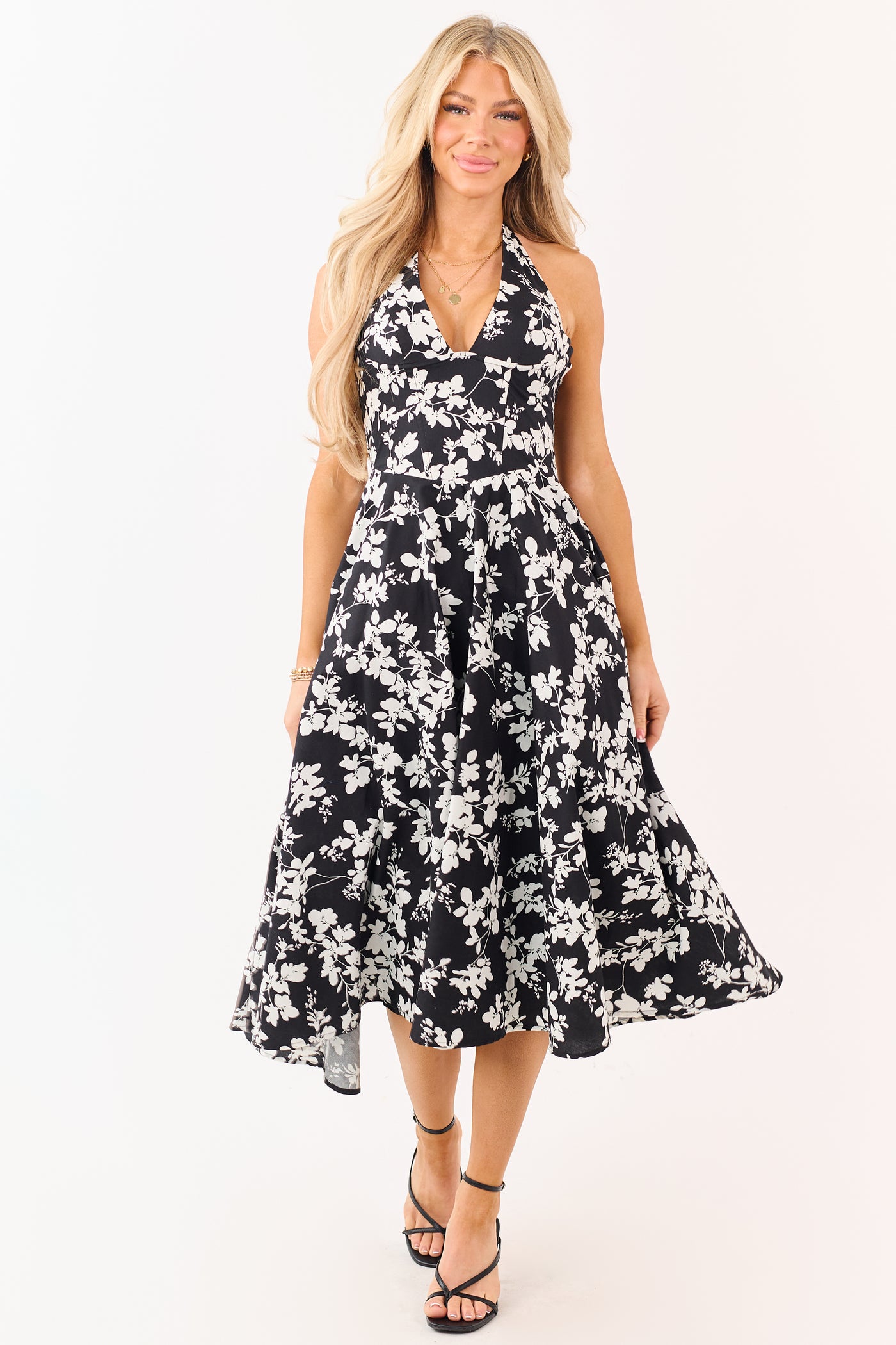 Black Cotton Floral Print Halter Neck Midi Dress