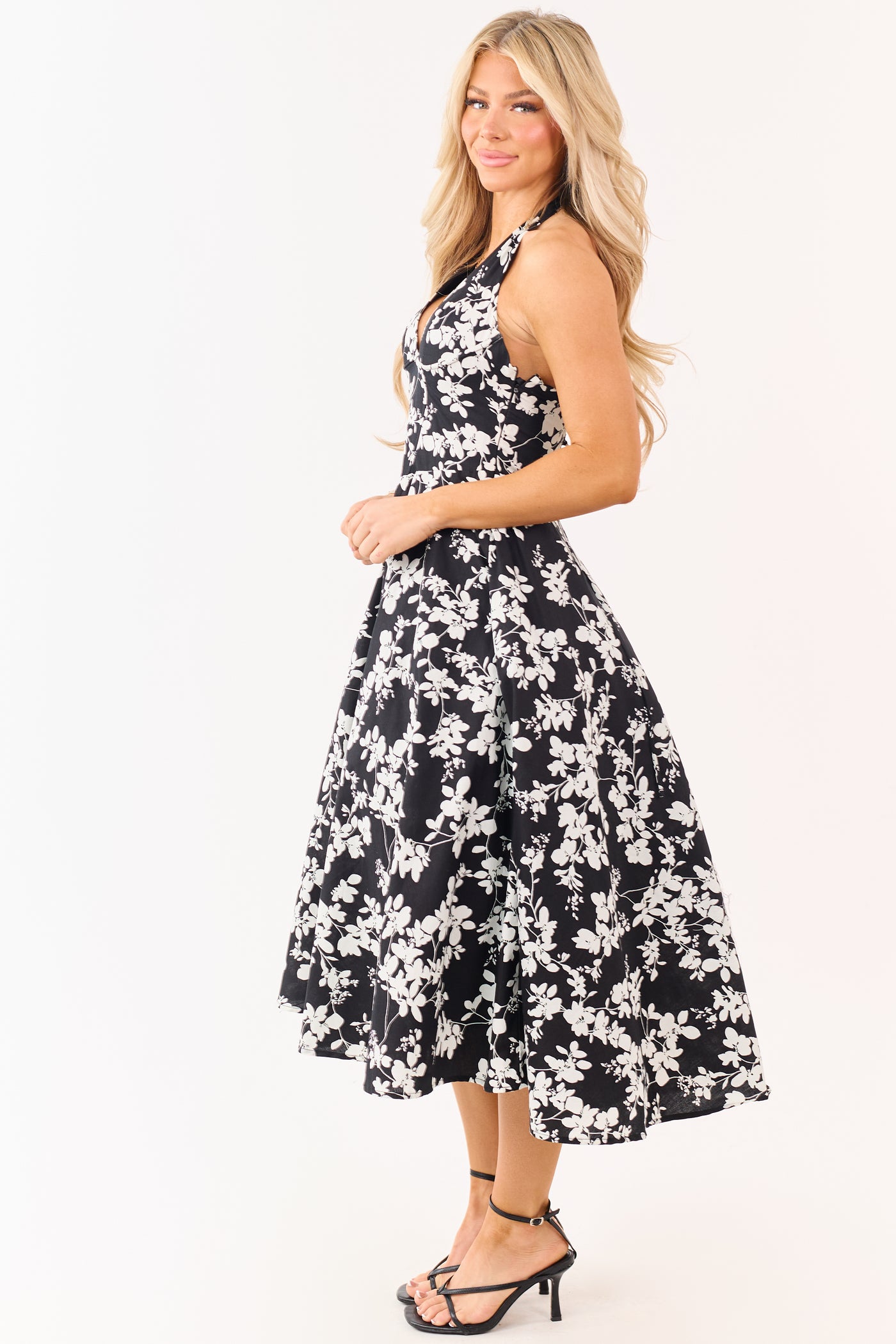 Black Cotton Floral Print Halter Neck Midi Dress