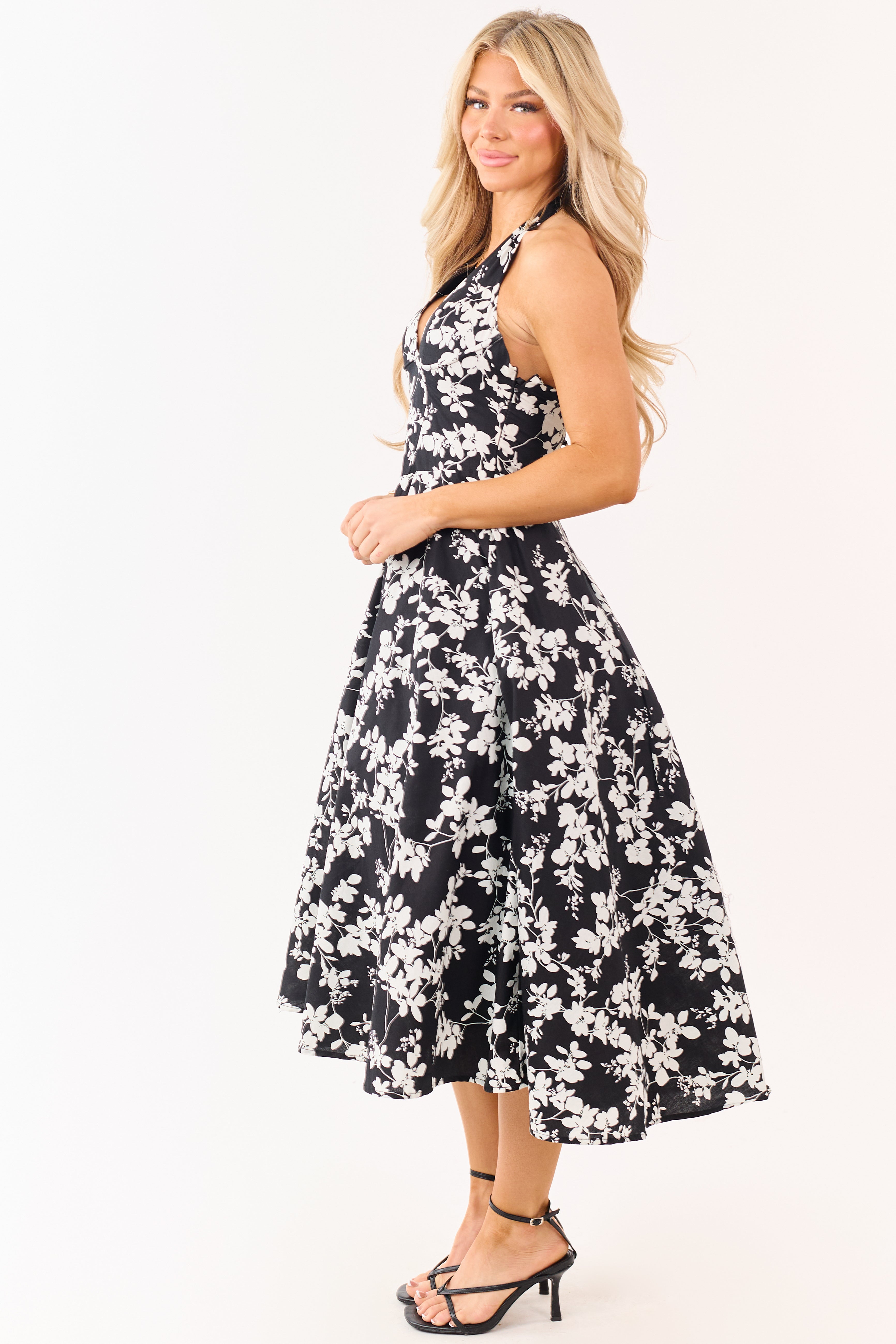 Black Cotton Floral Print Halter Neck Midi Dress