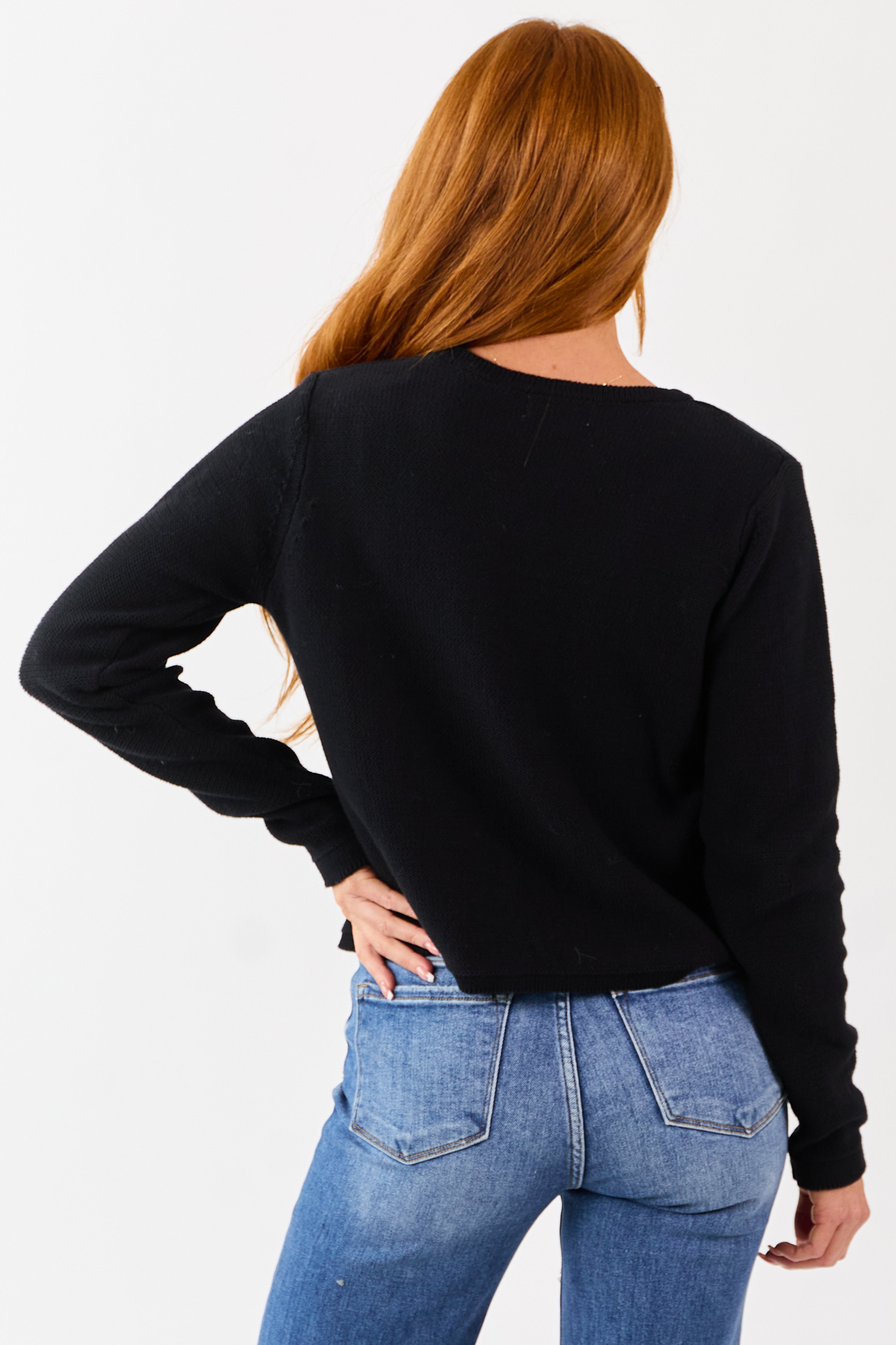 Black Cotton Front Tie Long Sleeve Cardigan