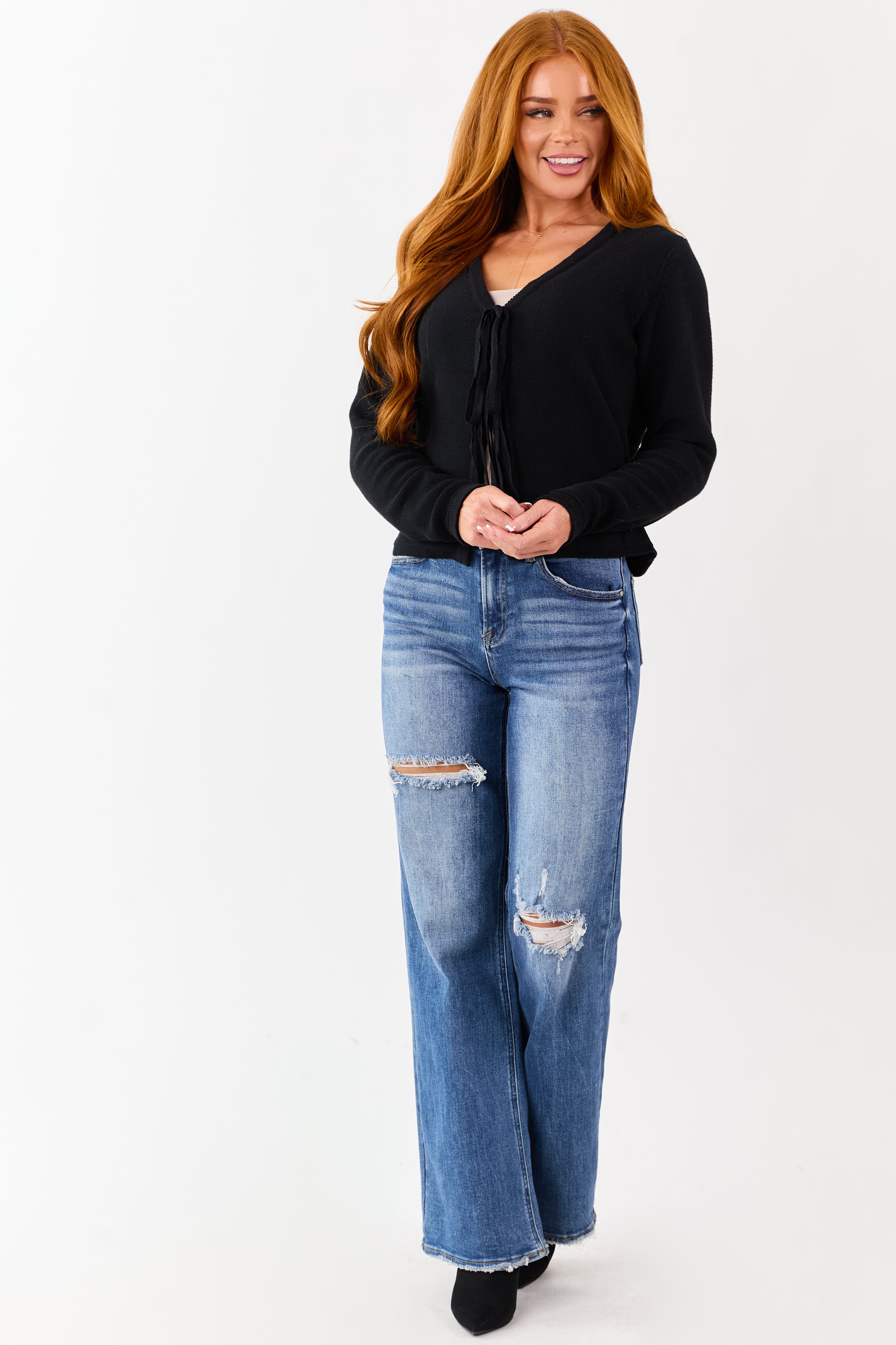 Black Cotton Front Tie Long Sleeve Cardigan