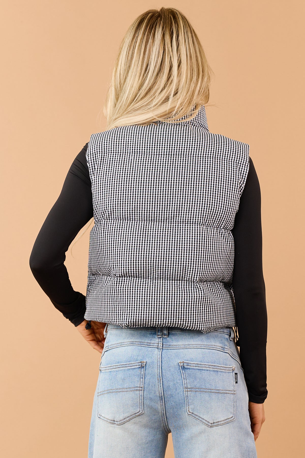 Black Cotton Gingham Zip Up Puffer Vest