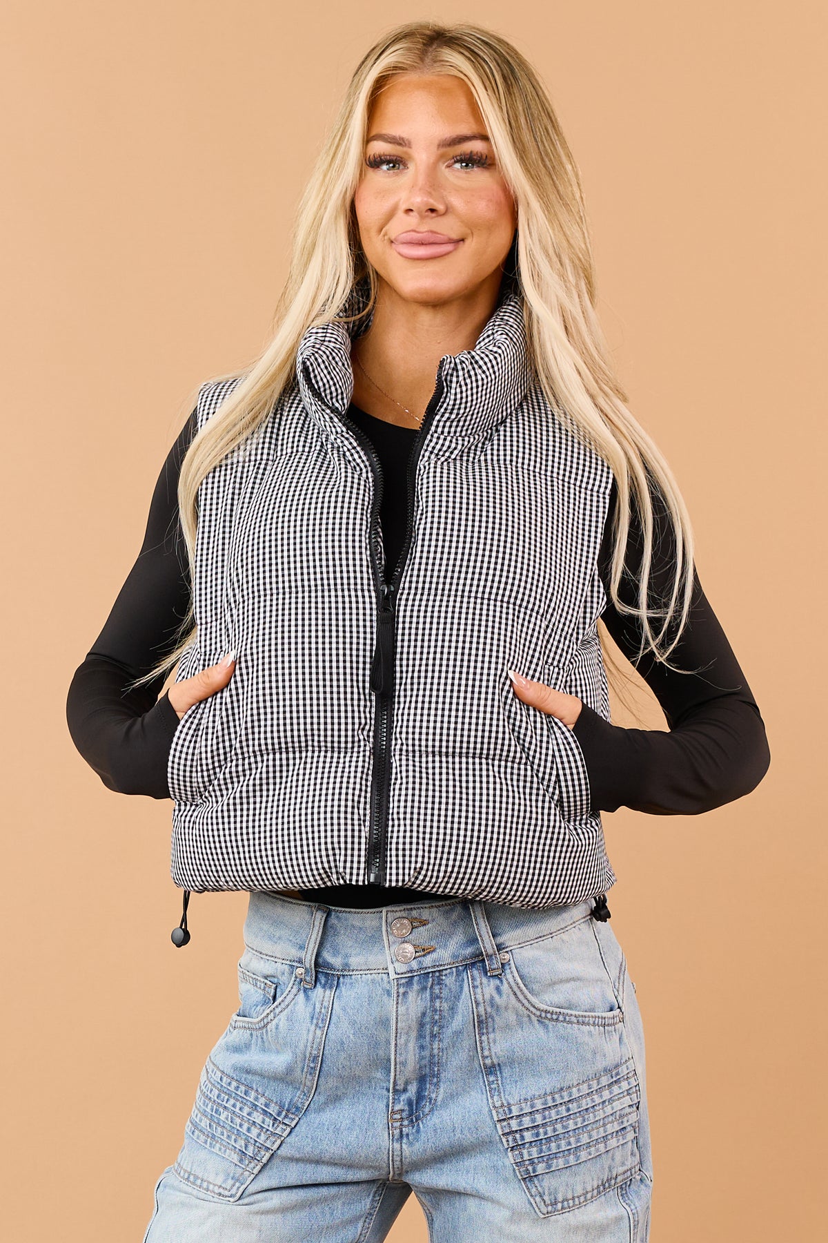 Black Cotton Gingham Zip Up Puffer Vest