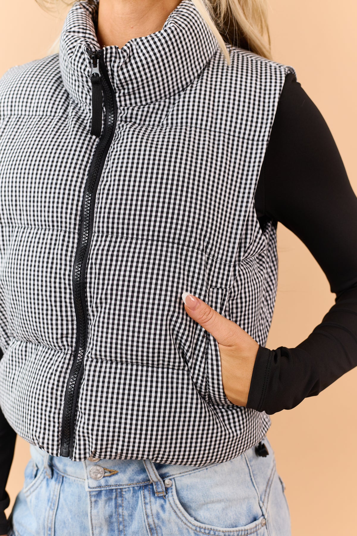 Black Cotton Gingham Zip Up Puffer Vest