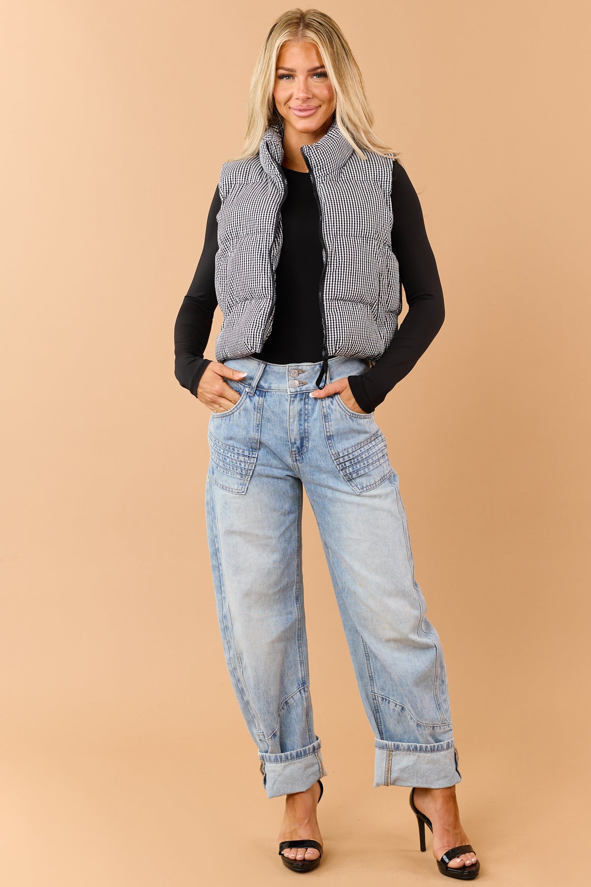 Black Cotton Gingham Zip Up Puffer Vest