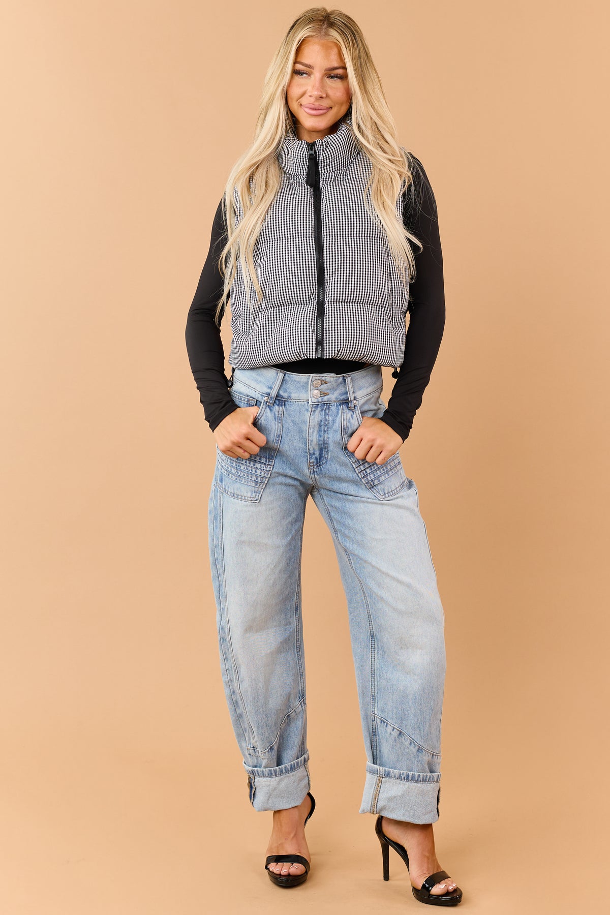 Black Cotton Gingham Zip Up Puffer Vest