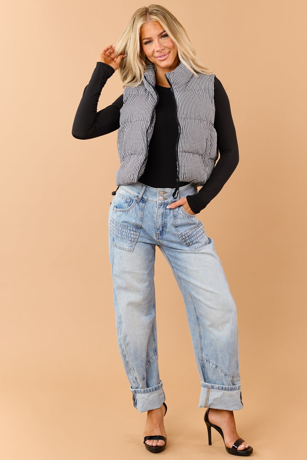 Black Cotton Gingham Zip Up Puffer Vest