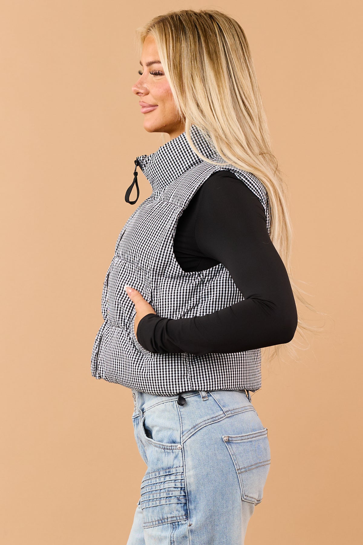 Black Cotton Gingham Zip Up Puffer Vest