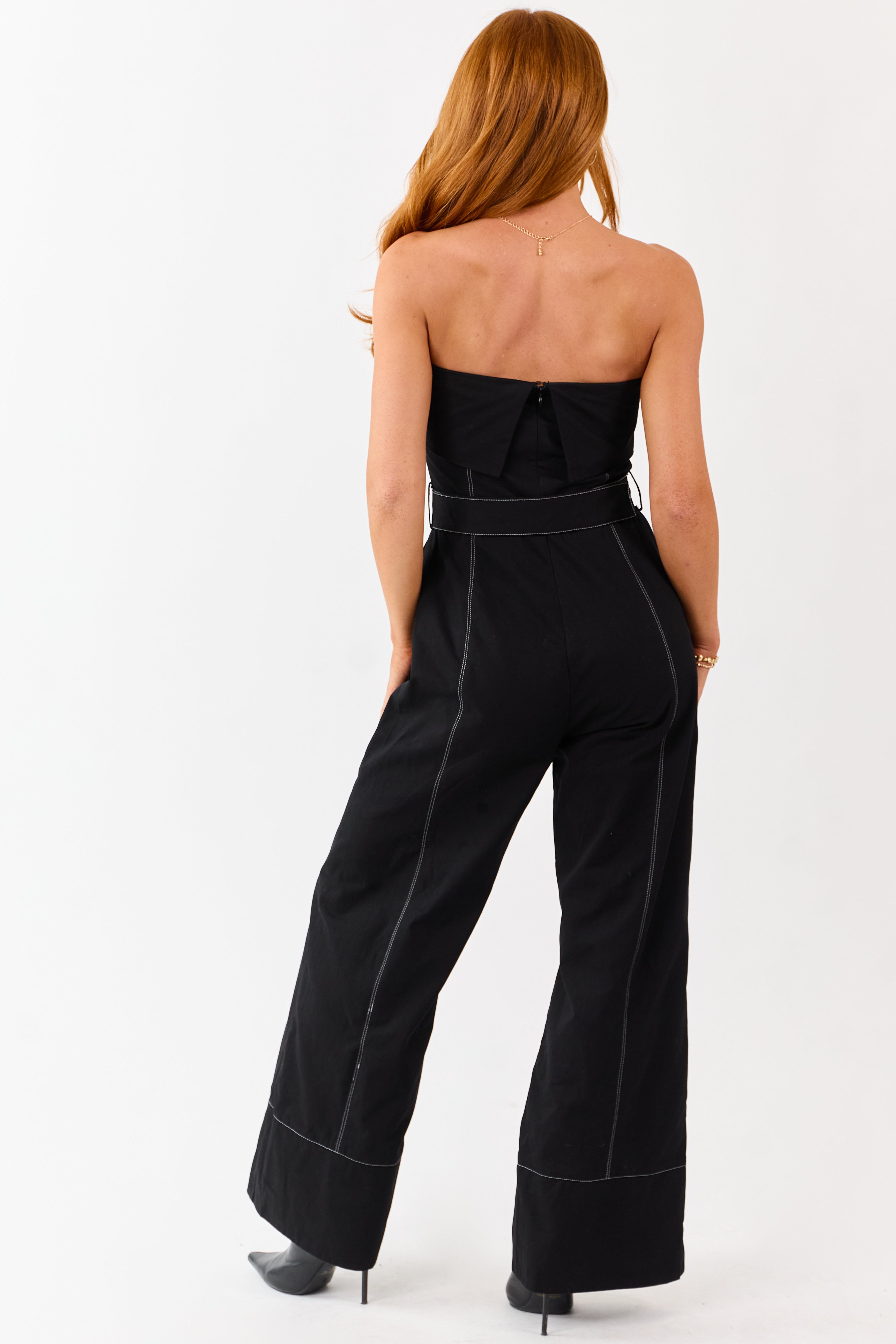 Black Cotton Strapless Contrast Stitching Jumpsuit