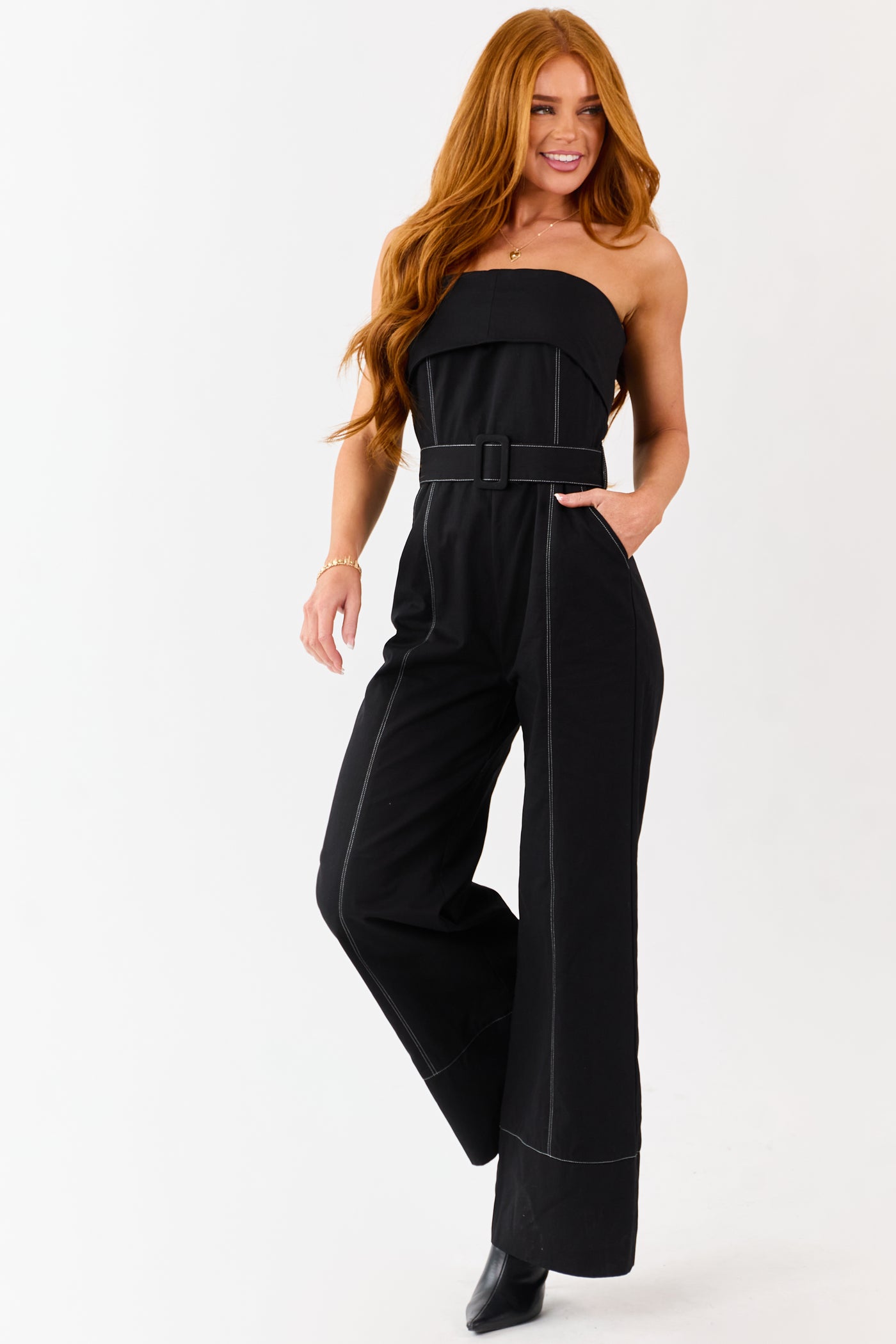 Black Cotton Strapless Contrast Stitching Jumpsuit