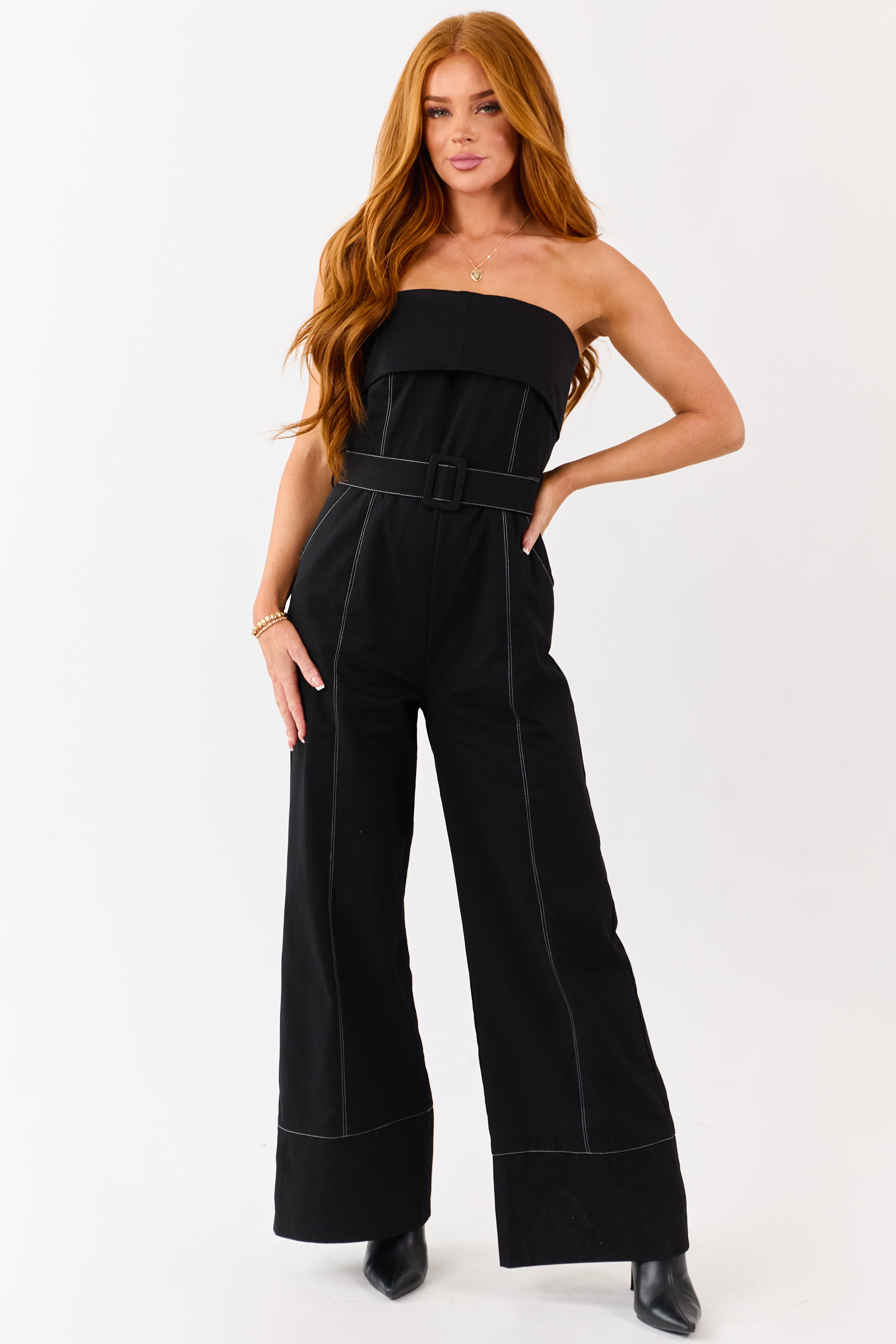 Black Cotton Strapless Contrast Stitching Jumpsuit | Lime Lush