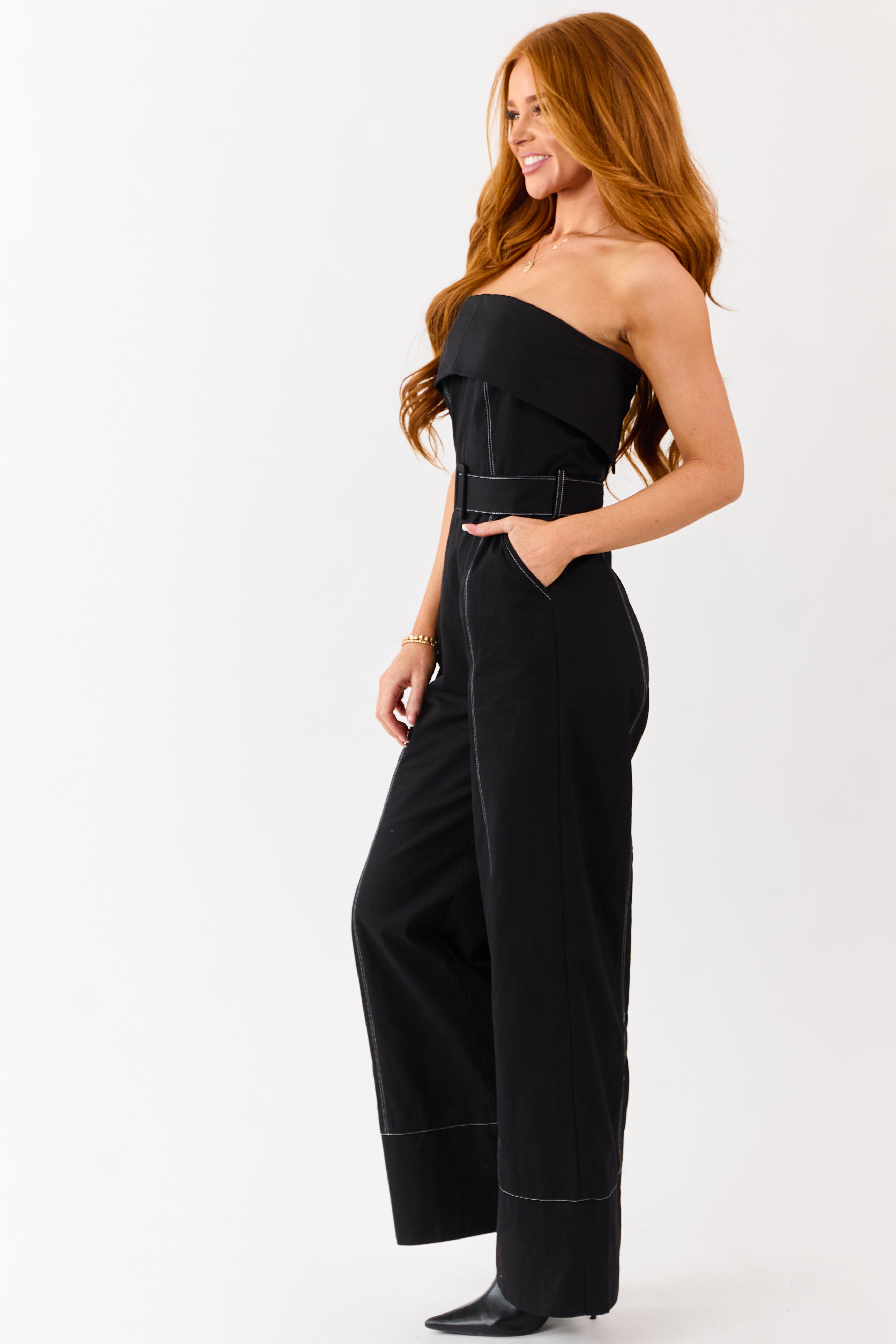 Black Cotton Strapless Contrast Stitching Jumpsuit
