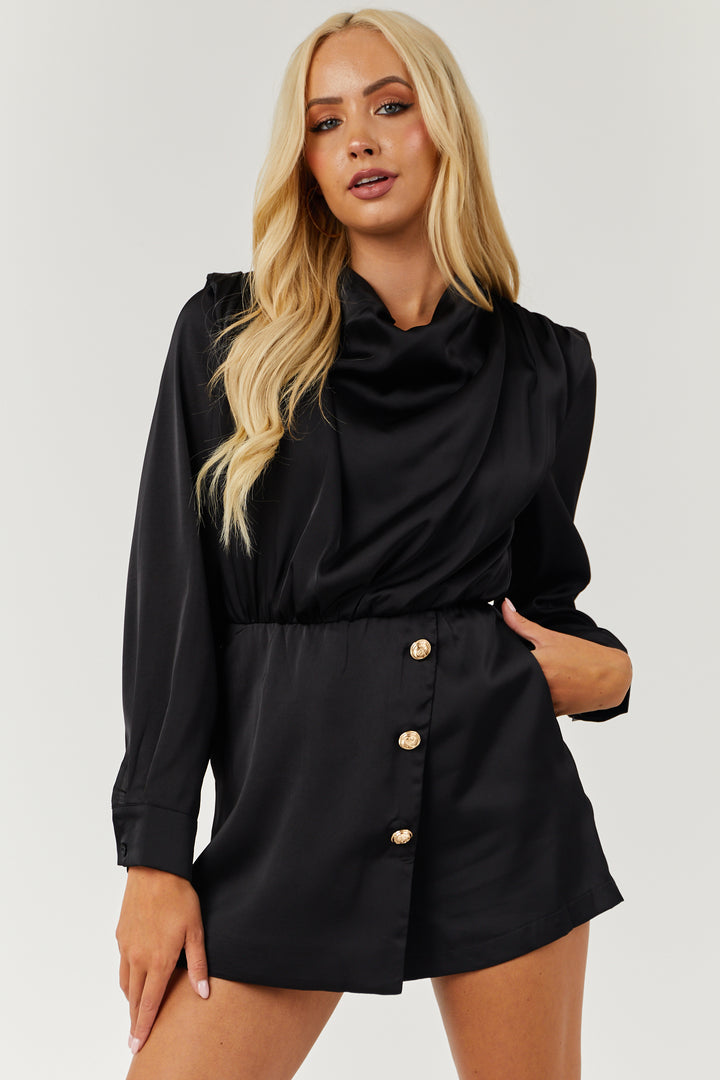 Black Cowl Neck Front Overlay with Buttons Romper