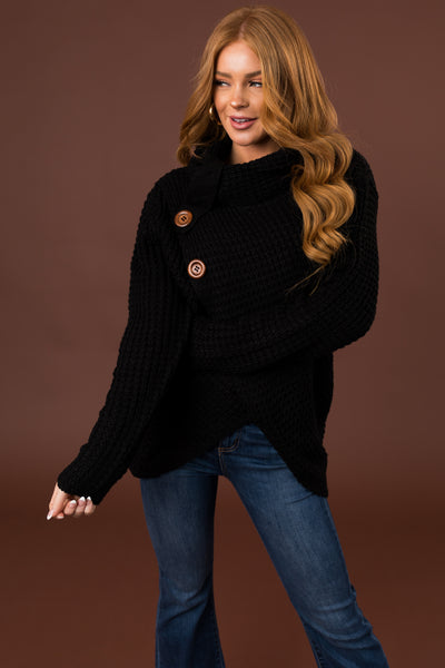 Black Cowl Neck Tulip Hem Wrap Knit Sweater