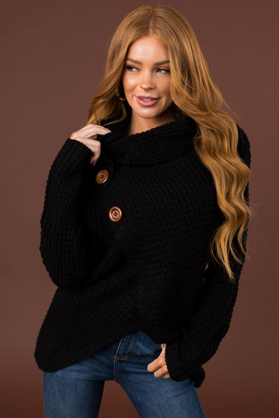 Black Cowl Neck Tulip Hem Wrap Knit Sweater