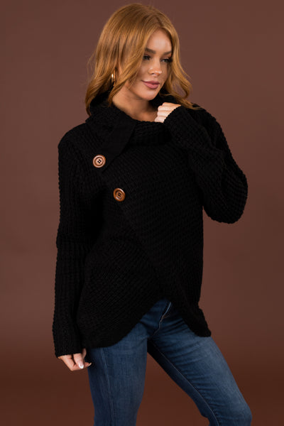 Black Cowl Neck Tulip Hem Wrap Knit Sweater