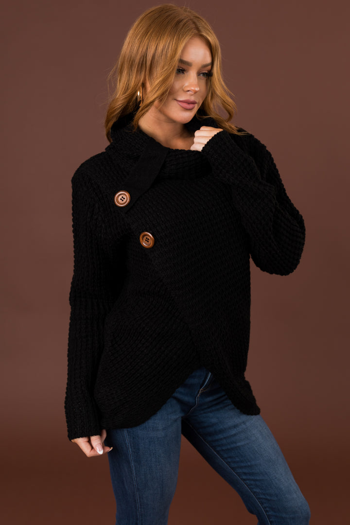 Black Cowl Neck Tulip Hem Wrap Knit Sweater
