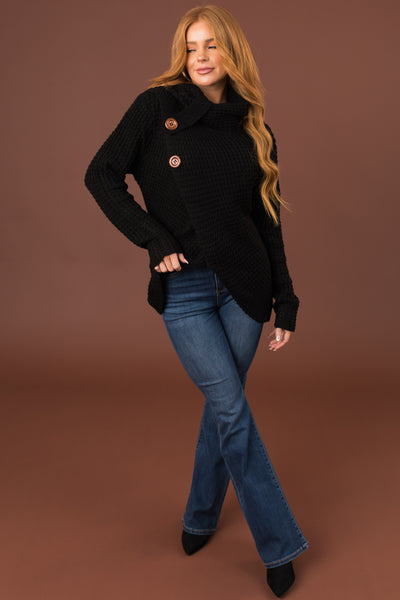 Black Cowl Neck Tulip Hem Wrap Knit Sweater