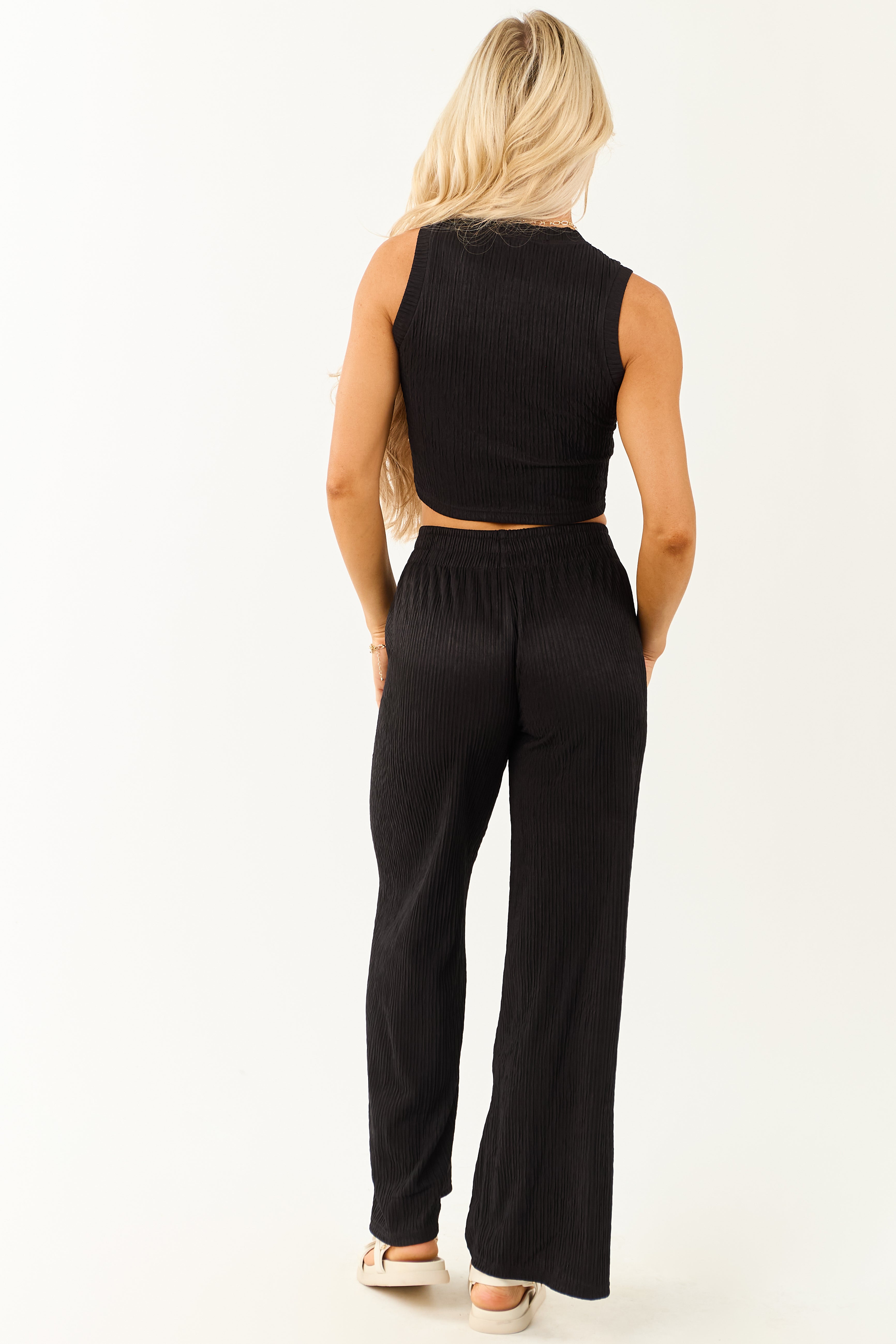 Black Crinkled Sleeveless Crop Top and Pants Set