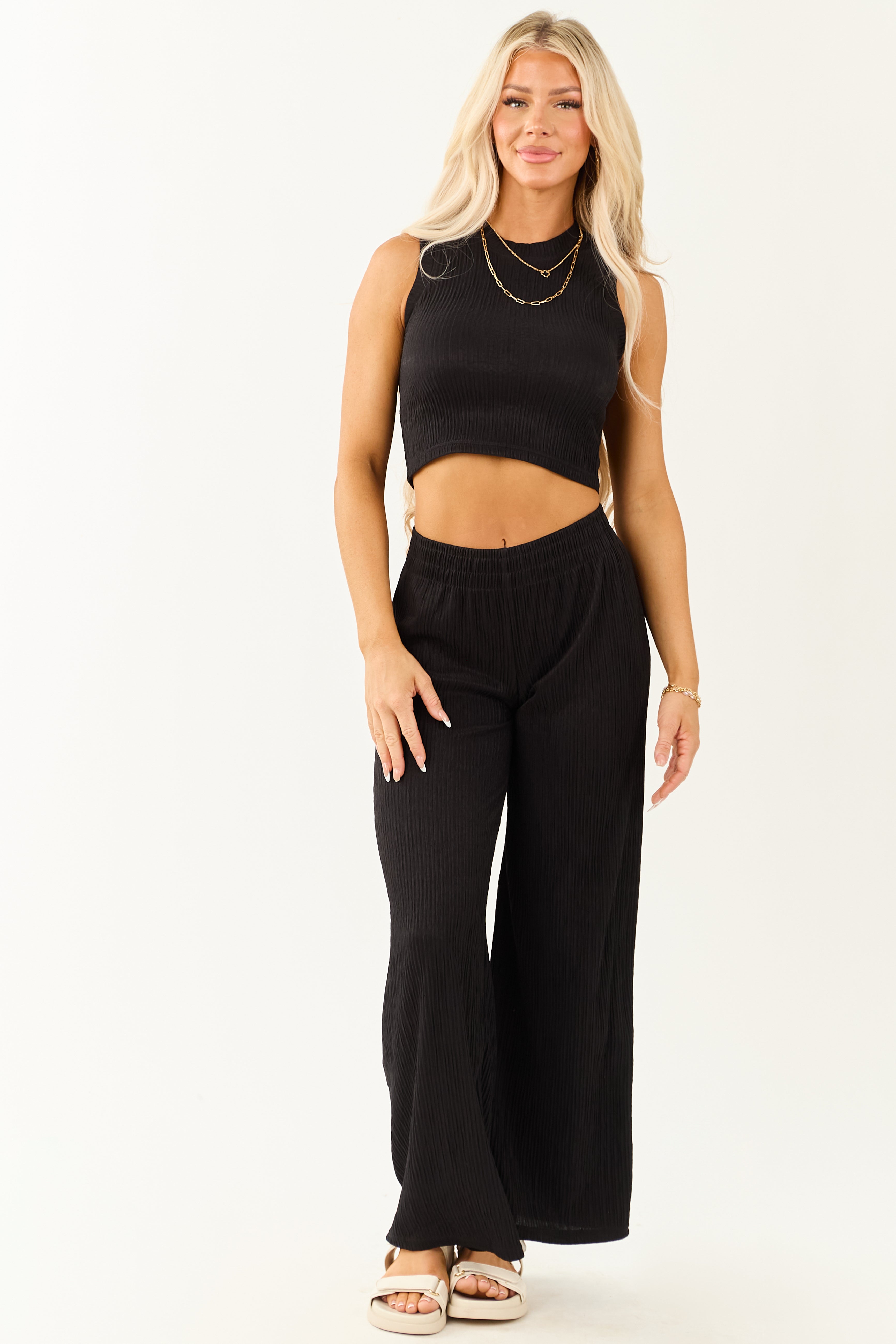 Black Crinkled Sleeveless Crop Top and Pants Set