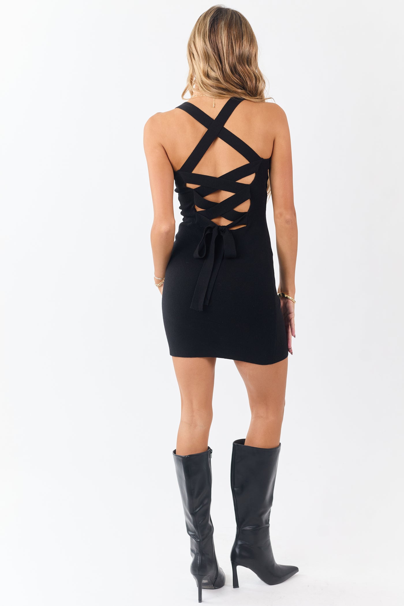 Black Criss Cross Back Strap Bodycon Knit Mini Dress