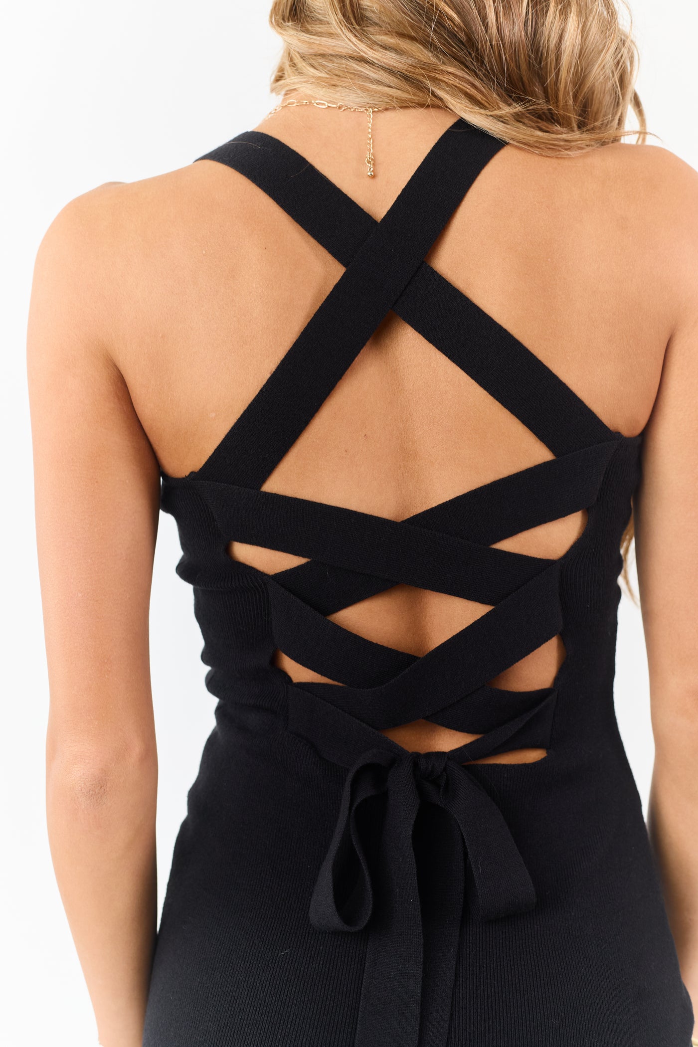Black Criss Cross Back Strap Bodycon Knit Mini Dress