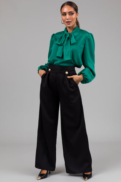 Black Criss Cross Button Wide Leg Pants