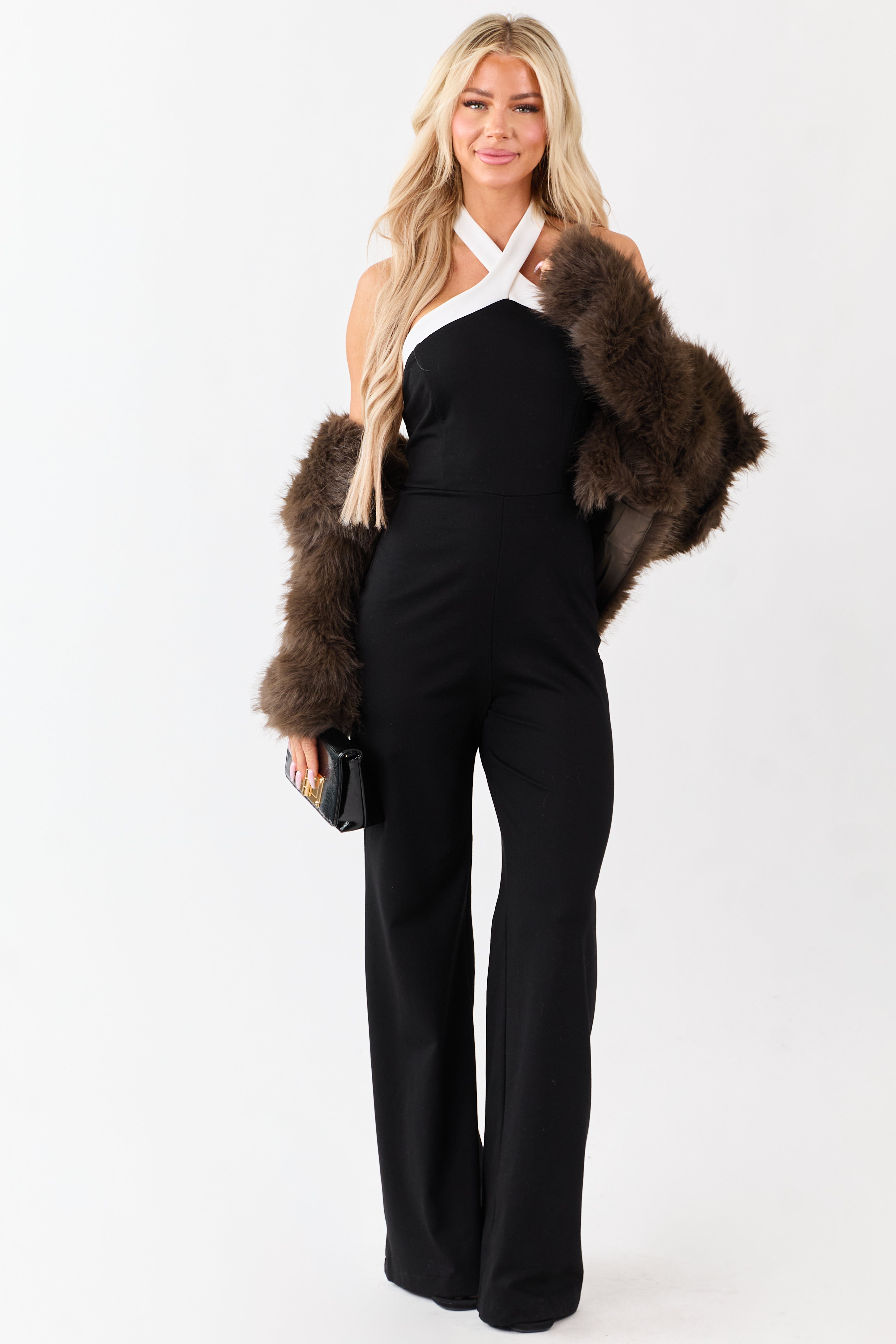 Black Criss Cross Halter Neck Wide Leg Jumpsuit