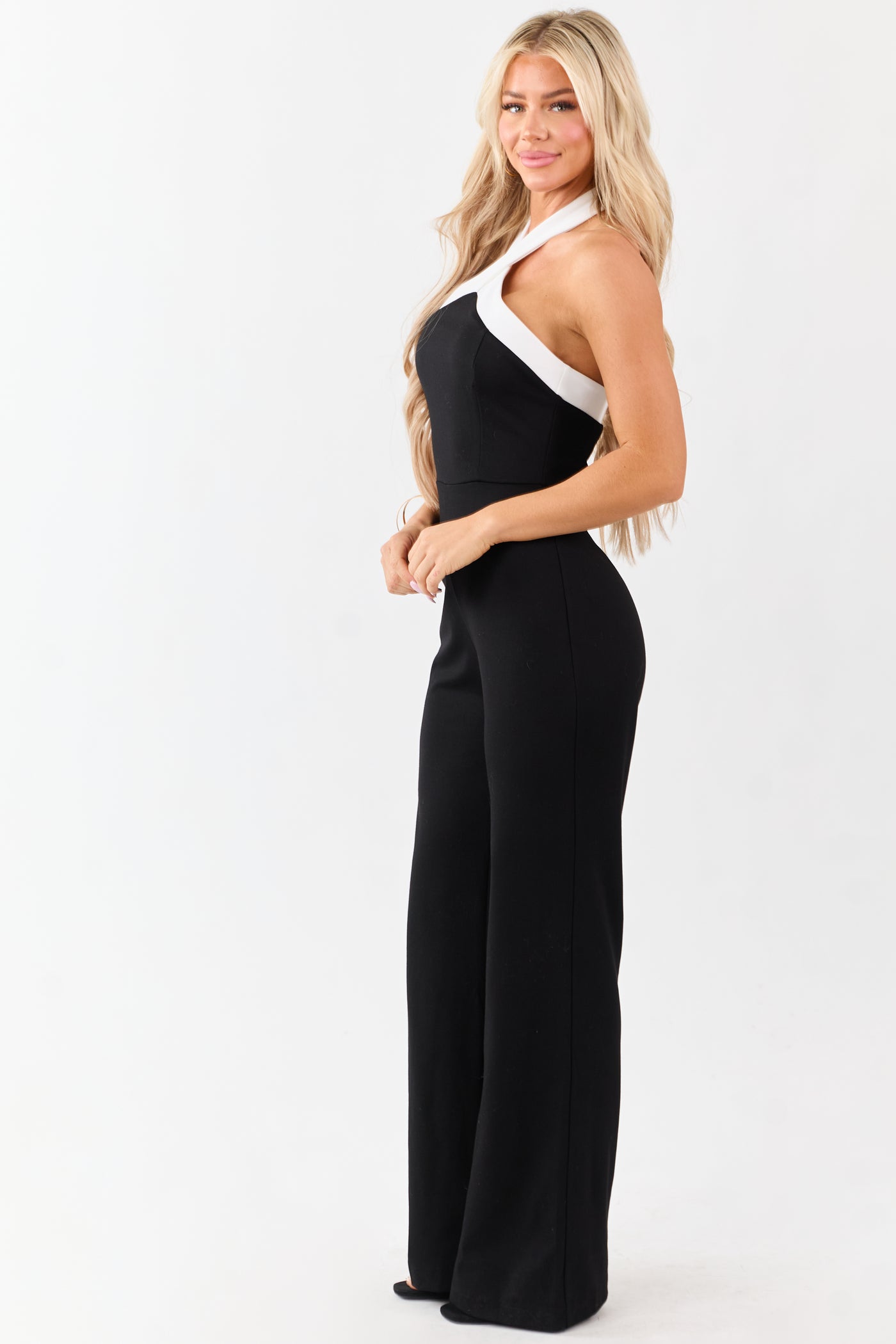 Black Criss Cross Halter Neck Wide Leg Jumpsuit