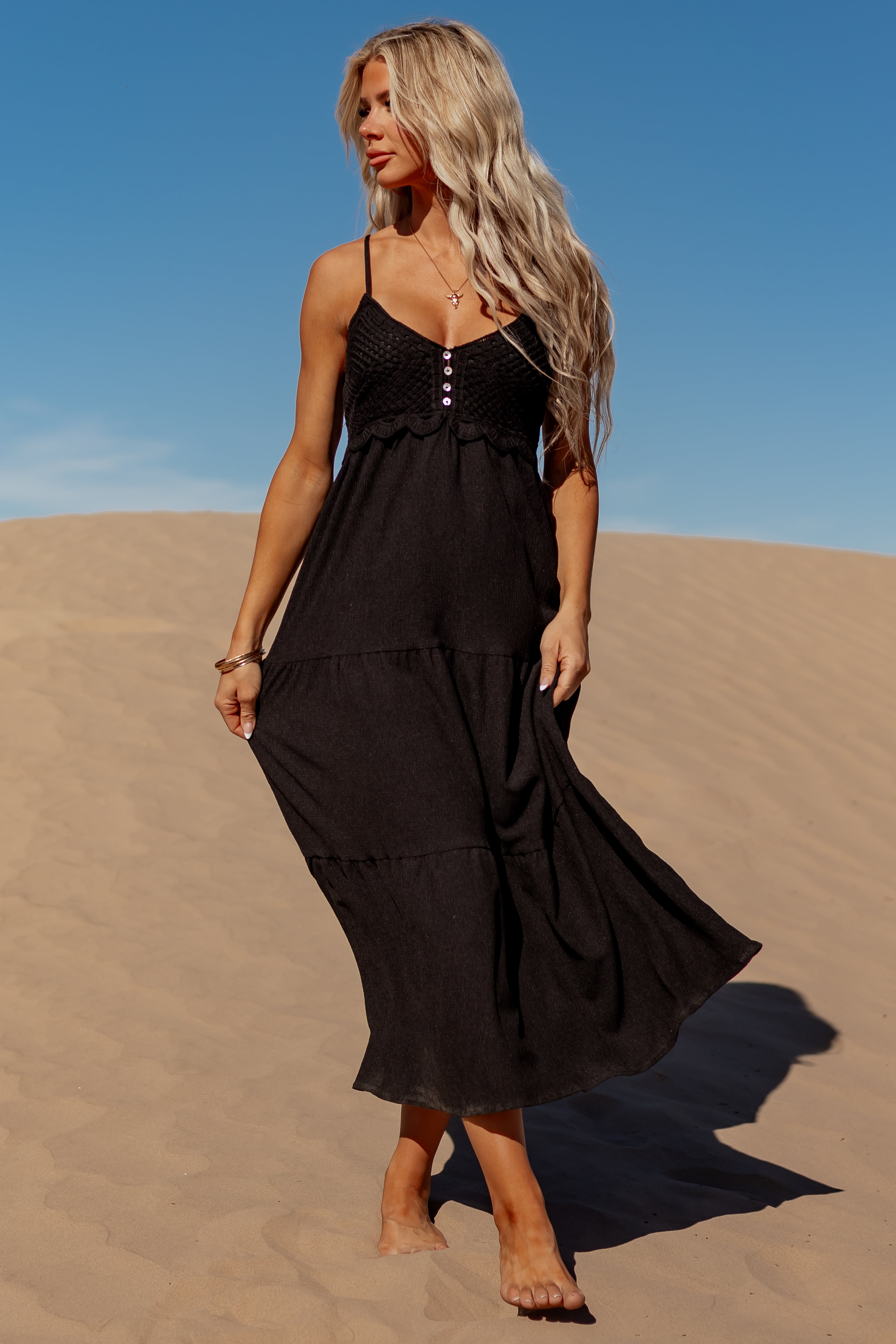 Black Crochet Bodice Tiered Maxi Dress | Lime Lush Boutique
