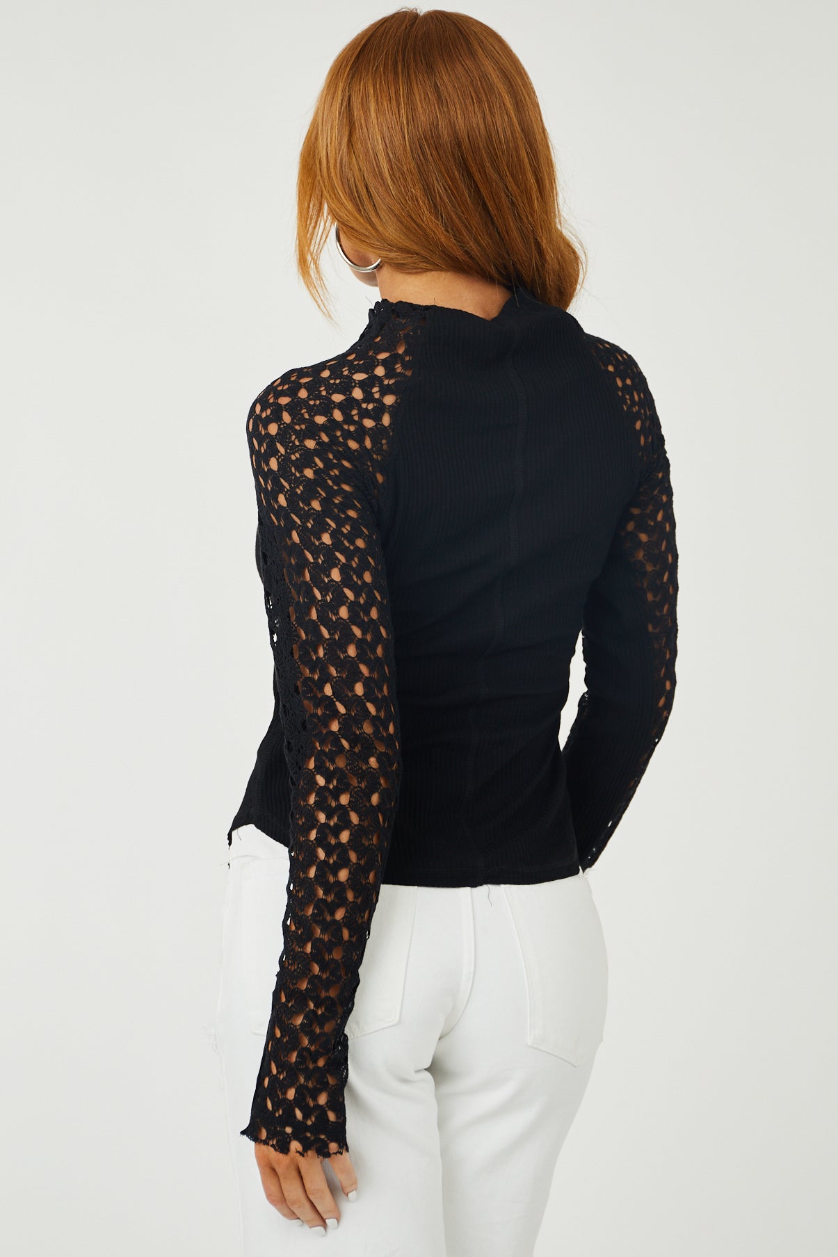 Black Crochet Lace Long Sleeve Ribbed Top