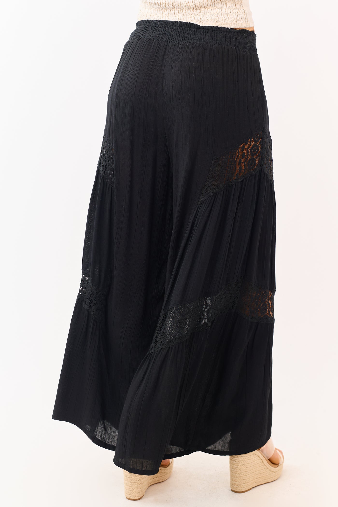 Black Crochet Lace Paneling Palazzo Leg Pants