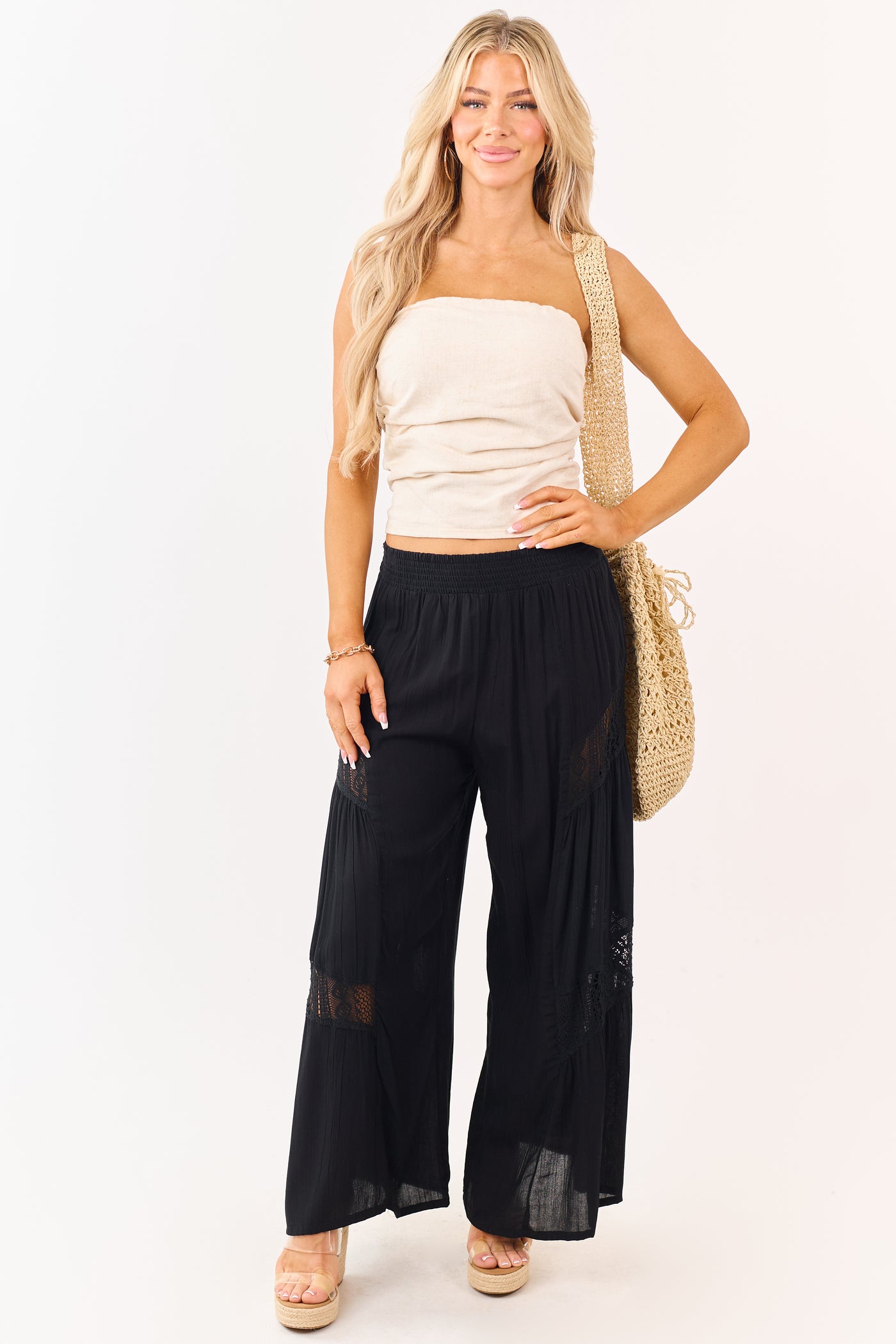 Black Crochet Lace Paneling Palazzo Leg Pants