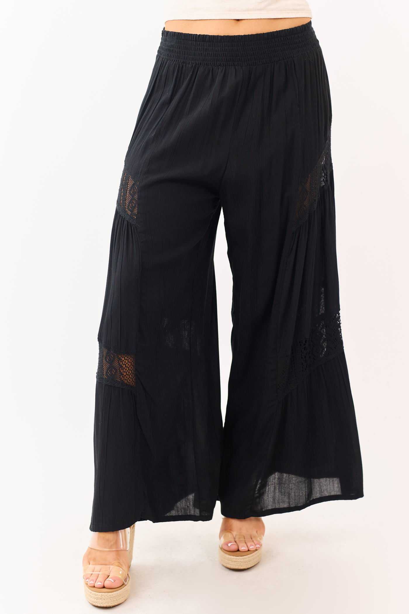 Black Crochet Lace Paneling Palazzo Leg Pants