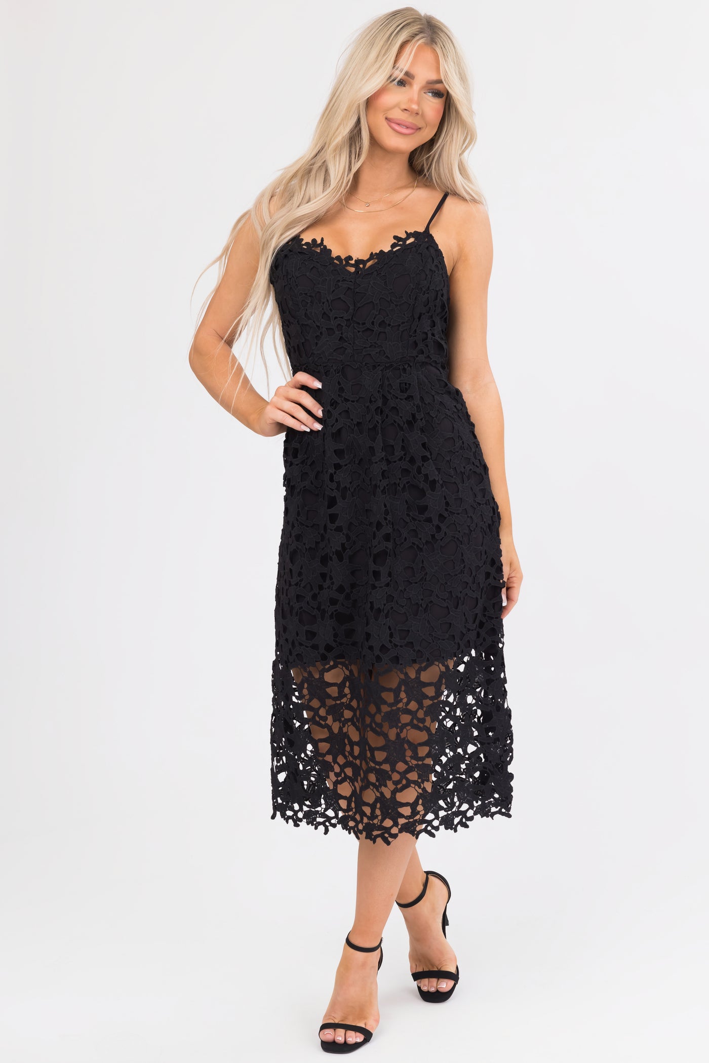 Black Crochet Lace Sleeveless Midi Dress