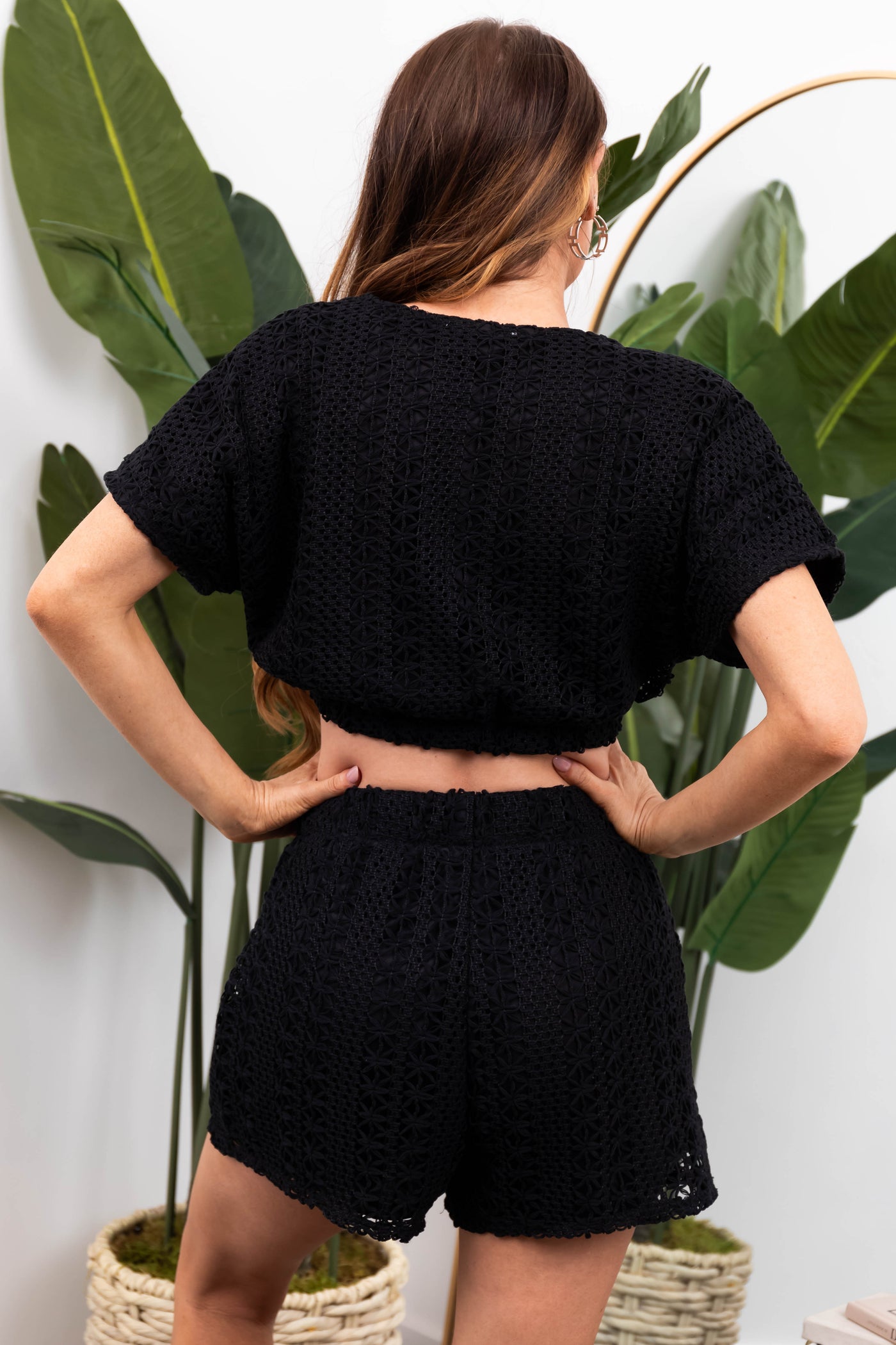 Black Crochet Surplice Crop Top and Shorts Set