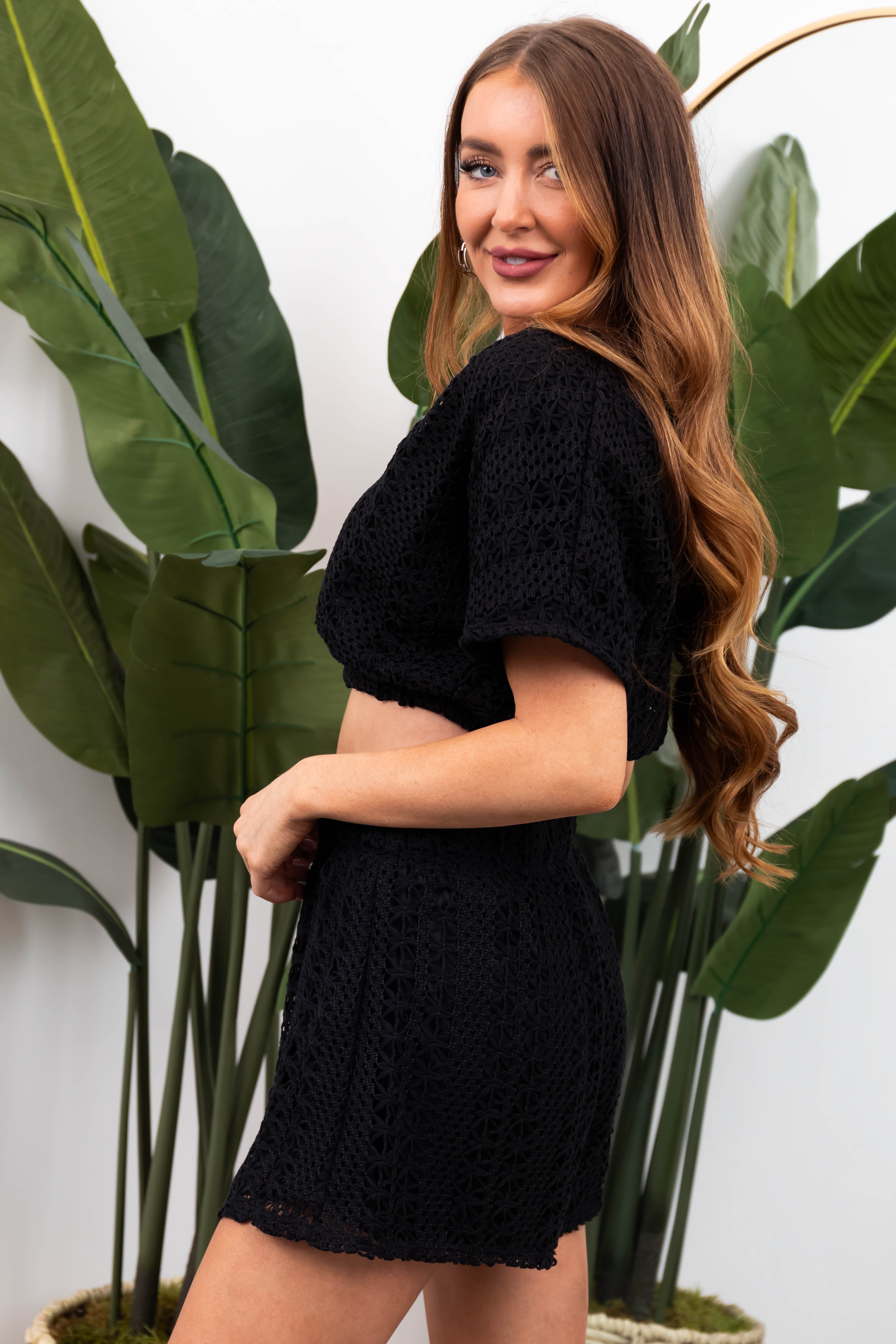 Black Crochet Surplice Crop Top and Shorts Set | Lime Lush