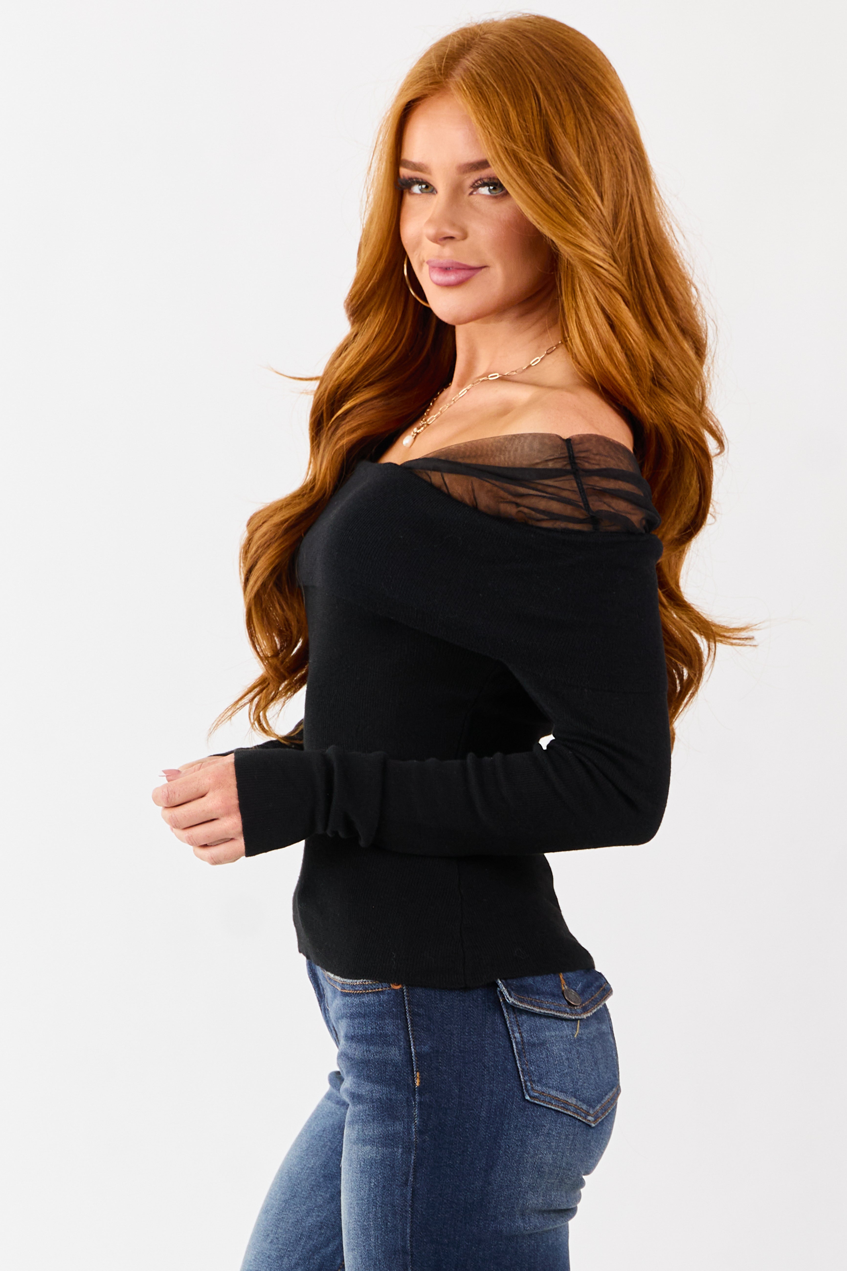 Black Cropped Off Shoulder Long Sleeve Knit Top