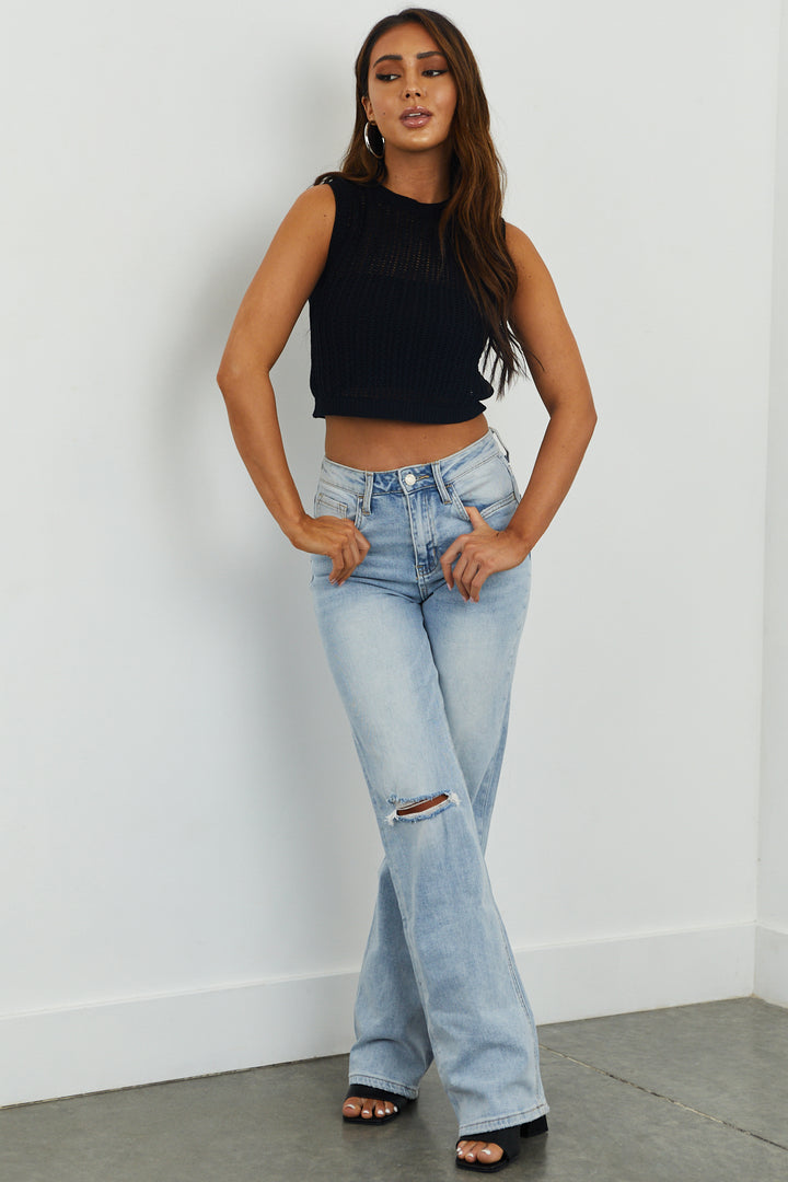 Black Cropped Sleeveless Loose Knit Top
